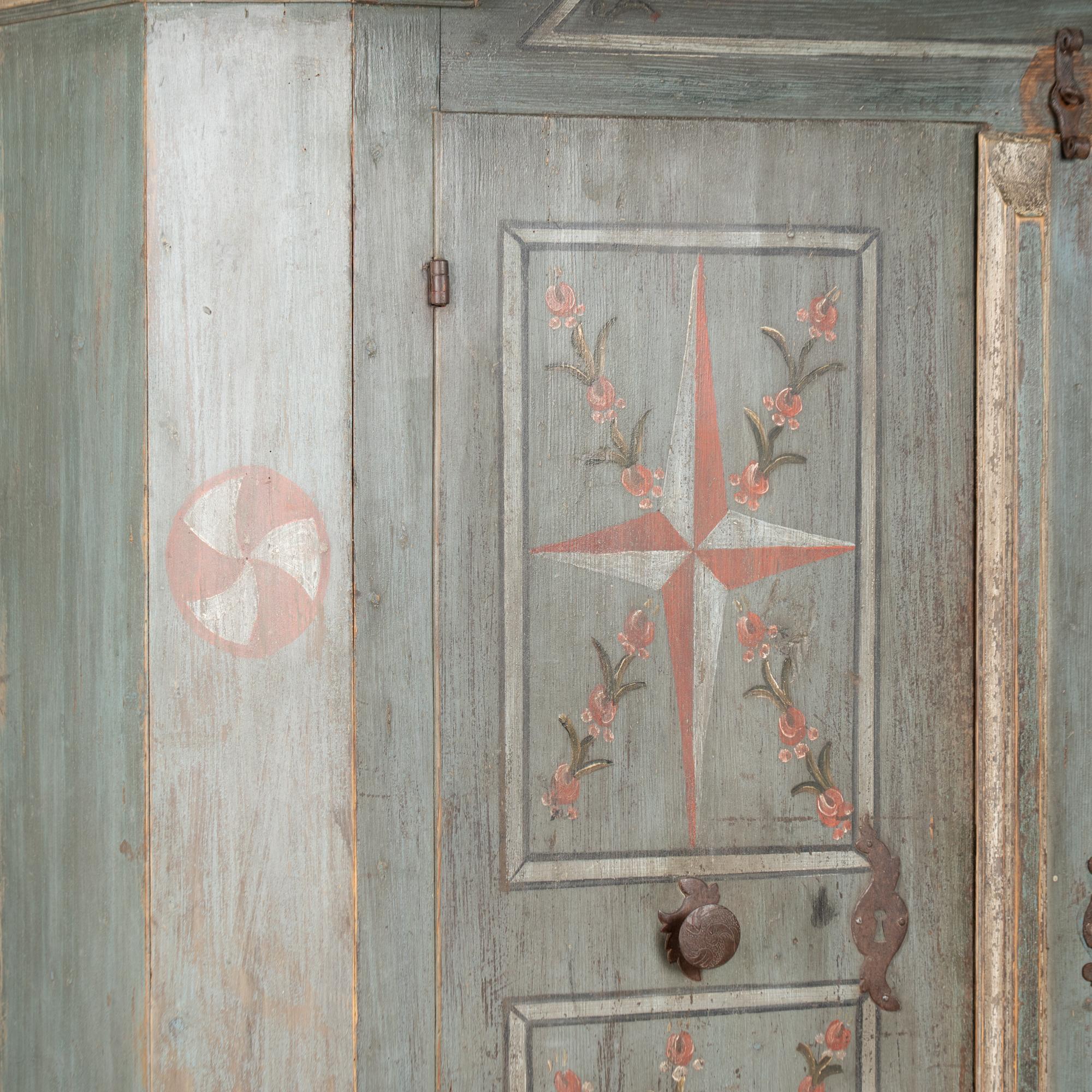 Original Blue Painted Pine Two Door Armoire dated 1810 For Sale 2