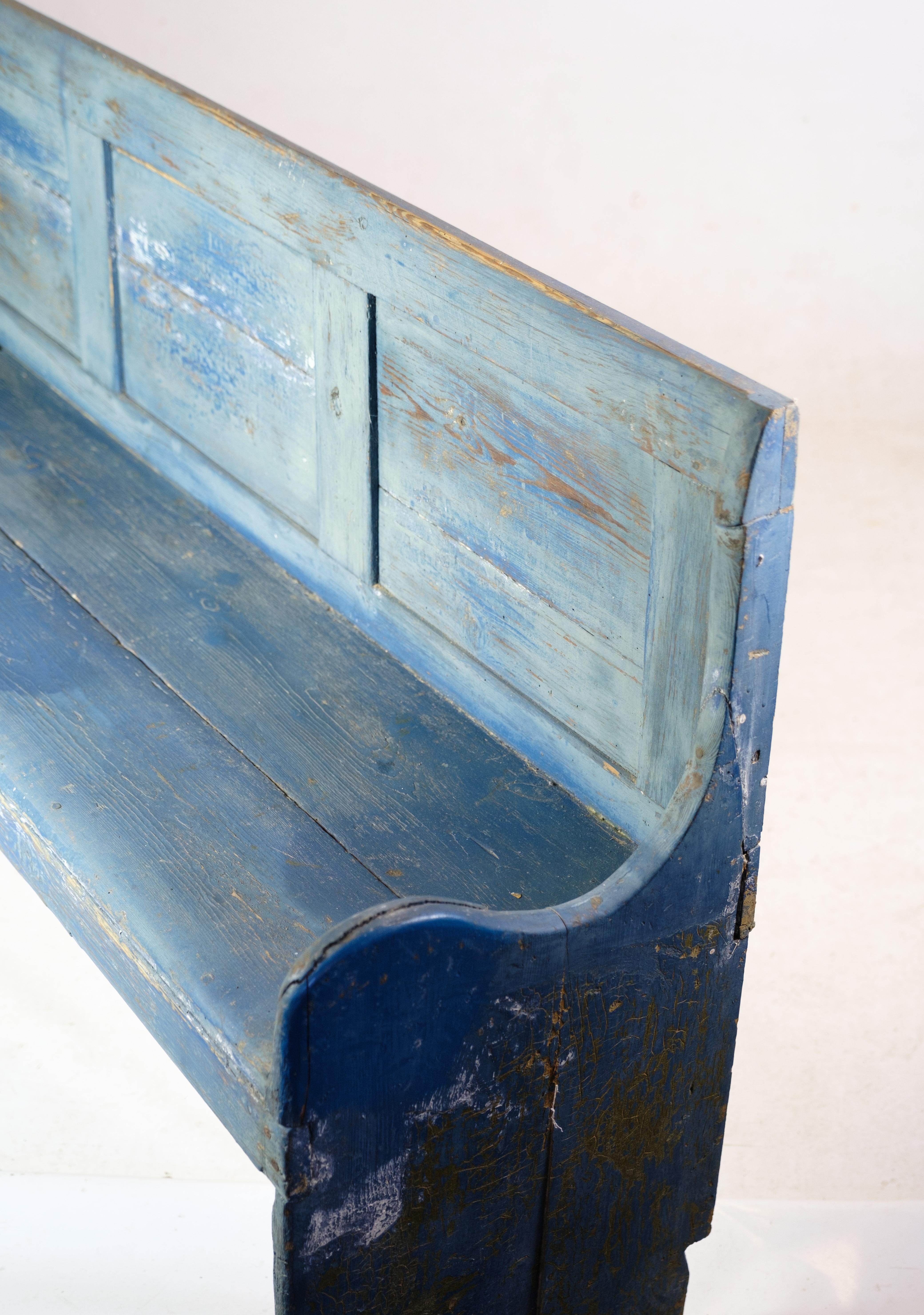Danish Original Blue Painted Pine Wood Bench from the 1840s For Sale