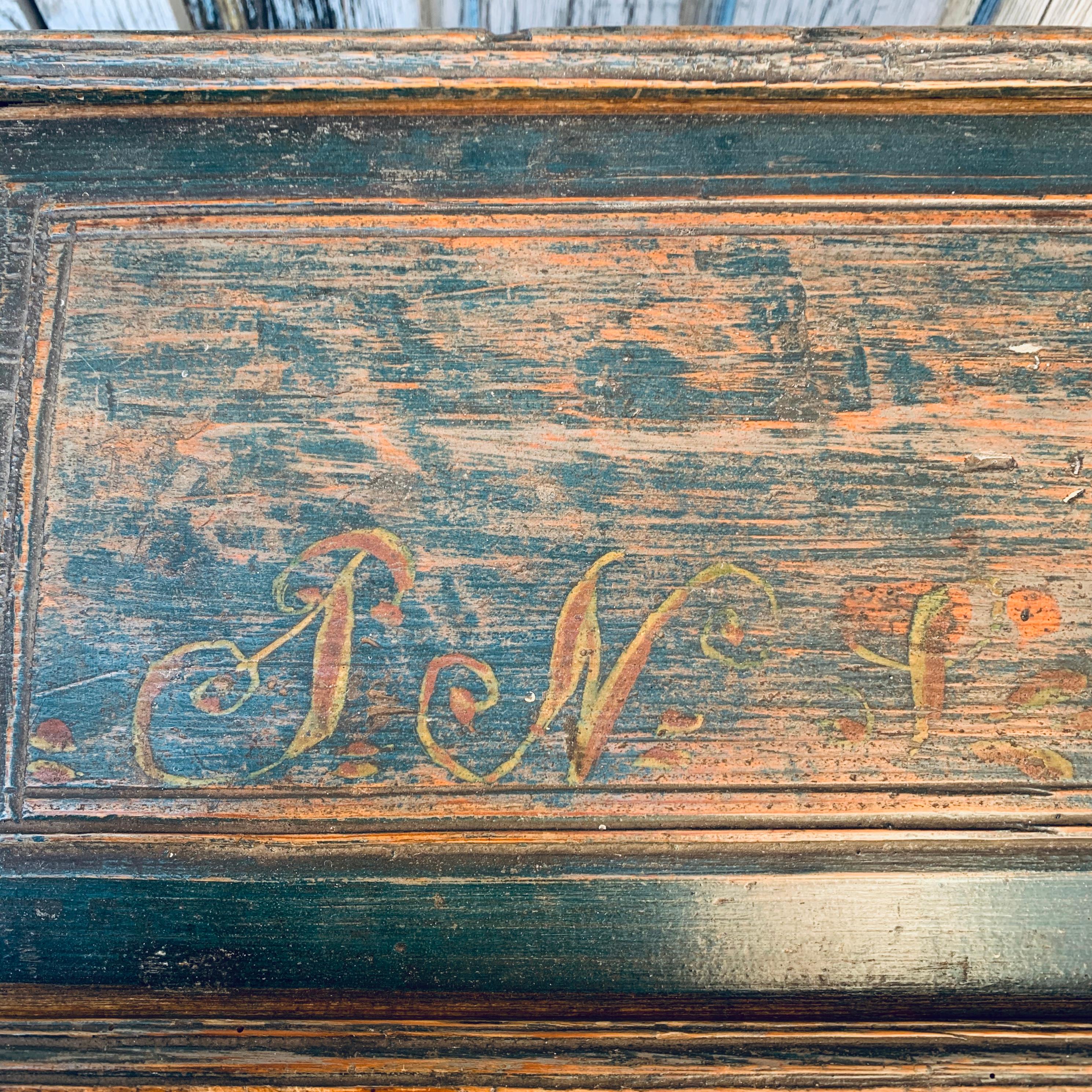 Original Blue Painted Swedish Bridal Folk Art Box Dated, 1850 4