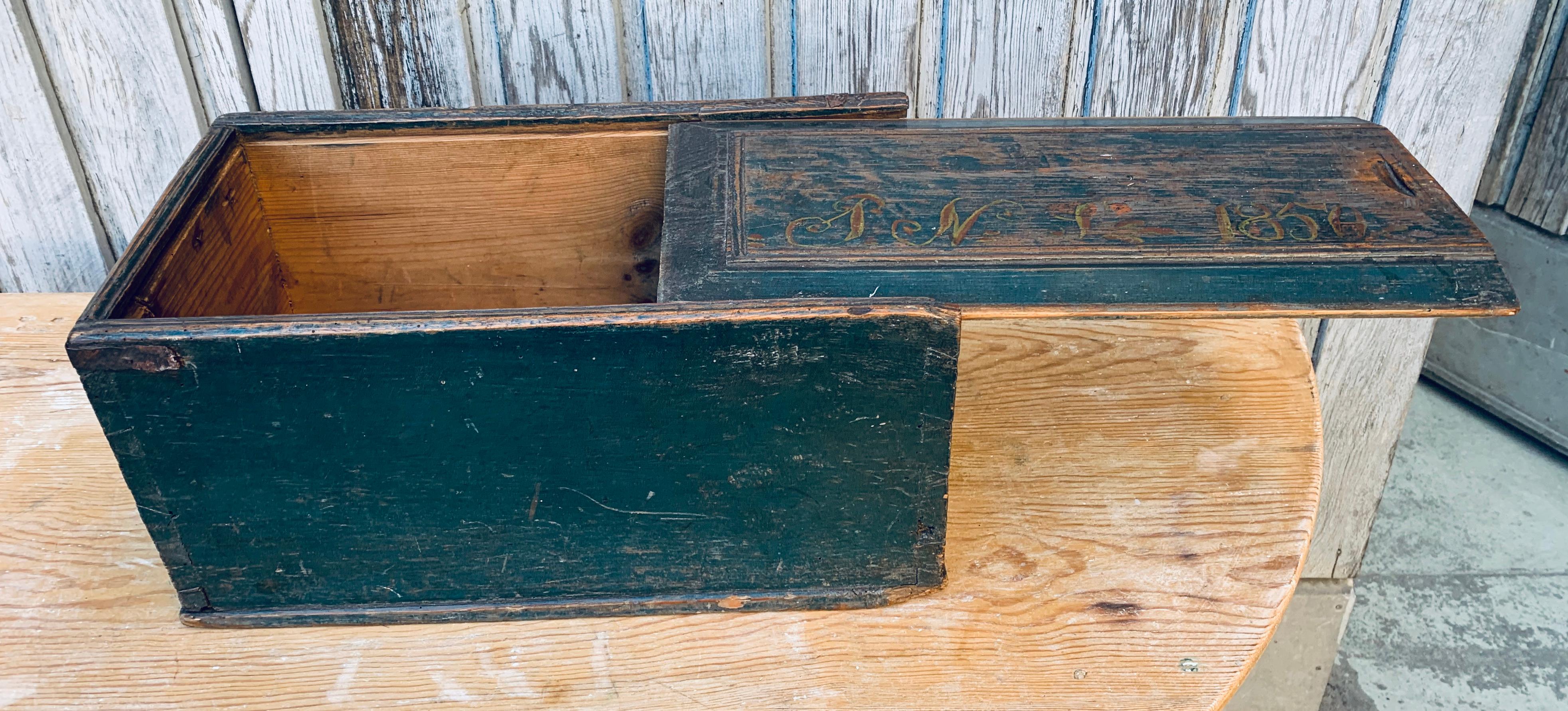 Original Blue Painted Swedish Bridal Folk Art Box Dated, 1850 5