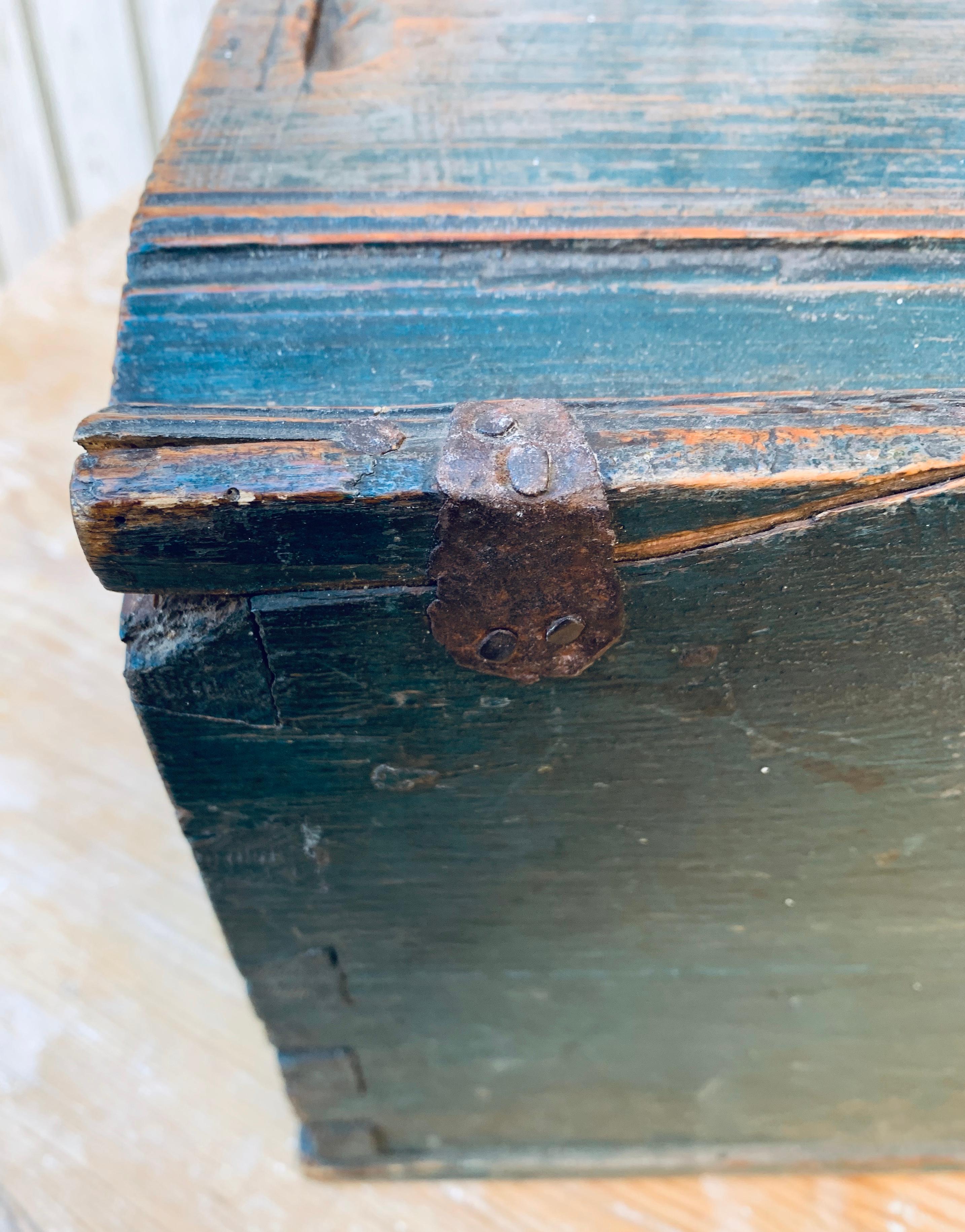Original Blue Painted Swedish Bridal Folk Art Box Dated, 1850 6