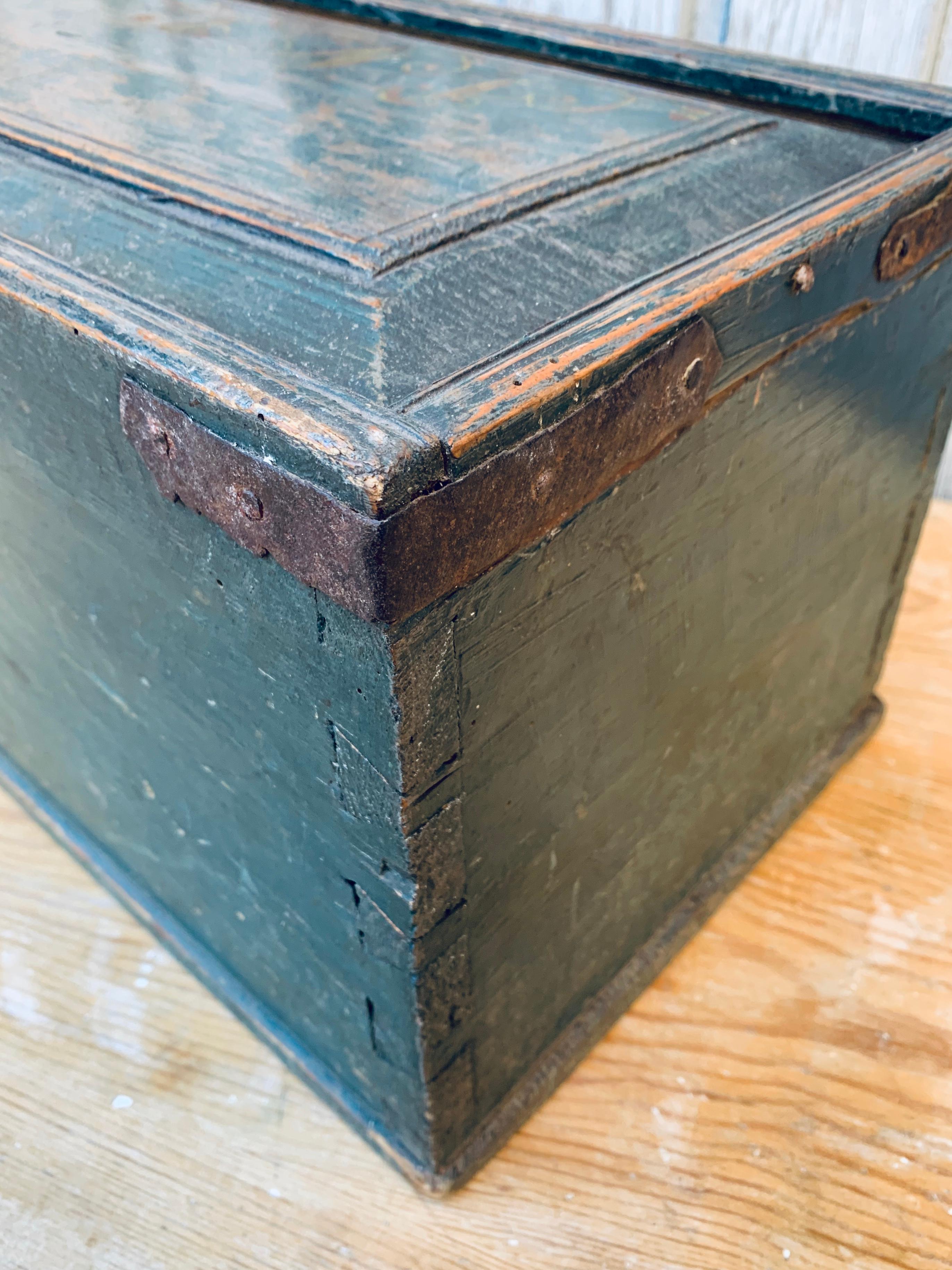 Original Blue Painted Swedish Bridal Folk Art Box Dated, 1850 7