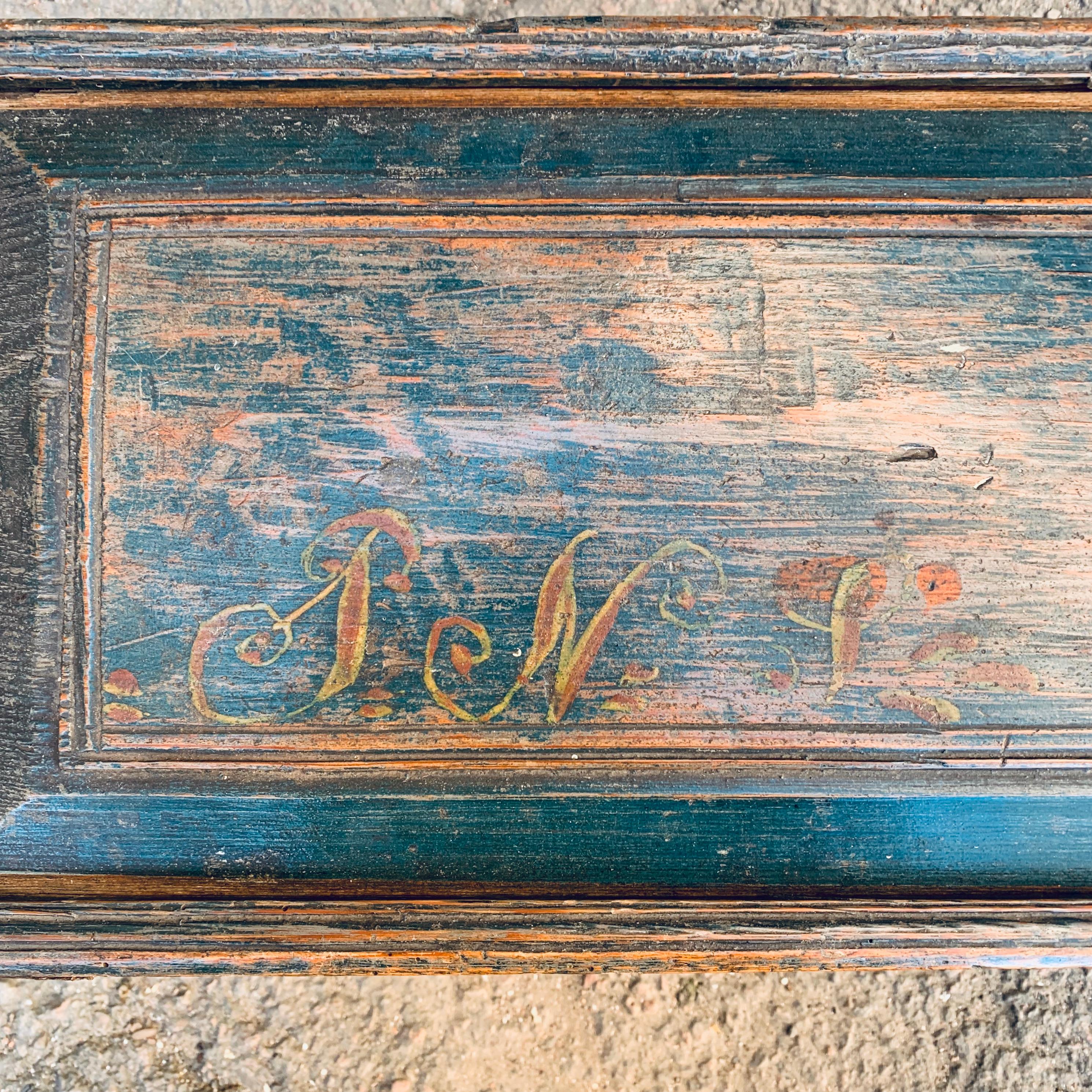 Original Blue Painted Swedish Bridal Folk Art Box Dated, 1850 9