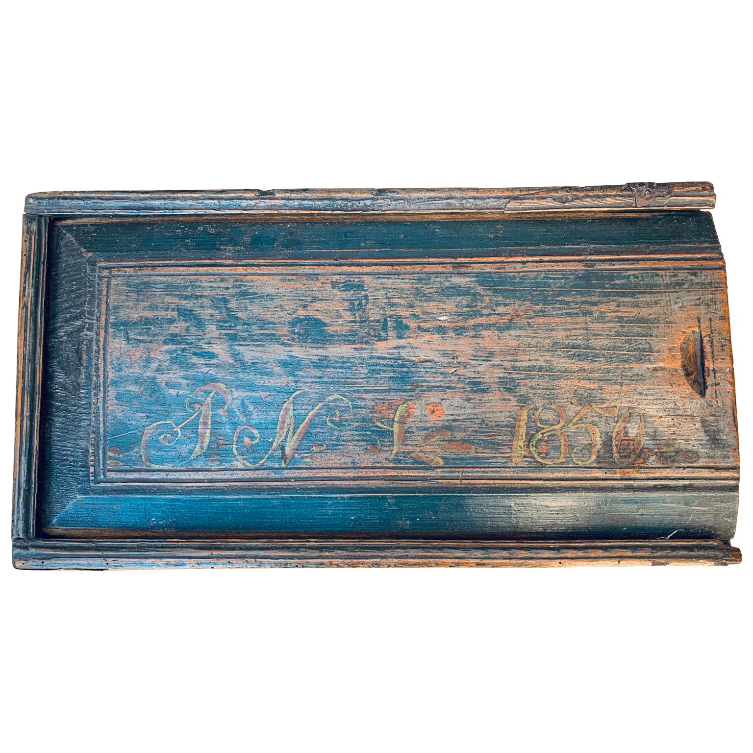 Hand-Painted Original Blue Painted Swedish Bridal Folk Art Box Dated, 1850