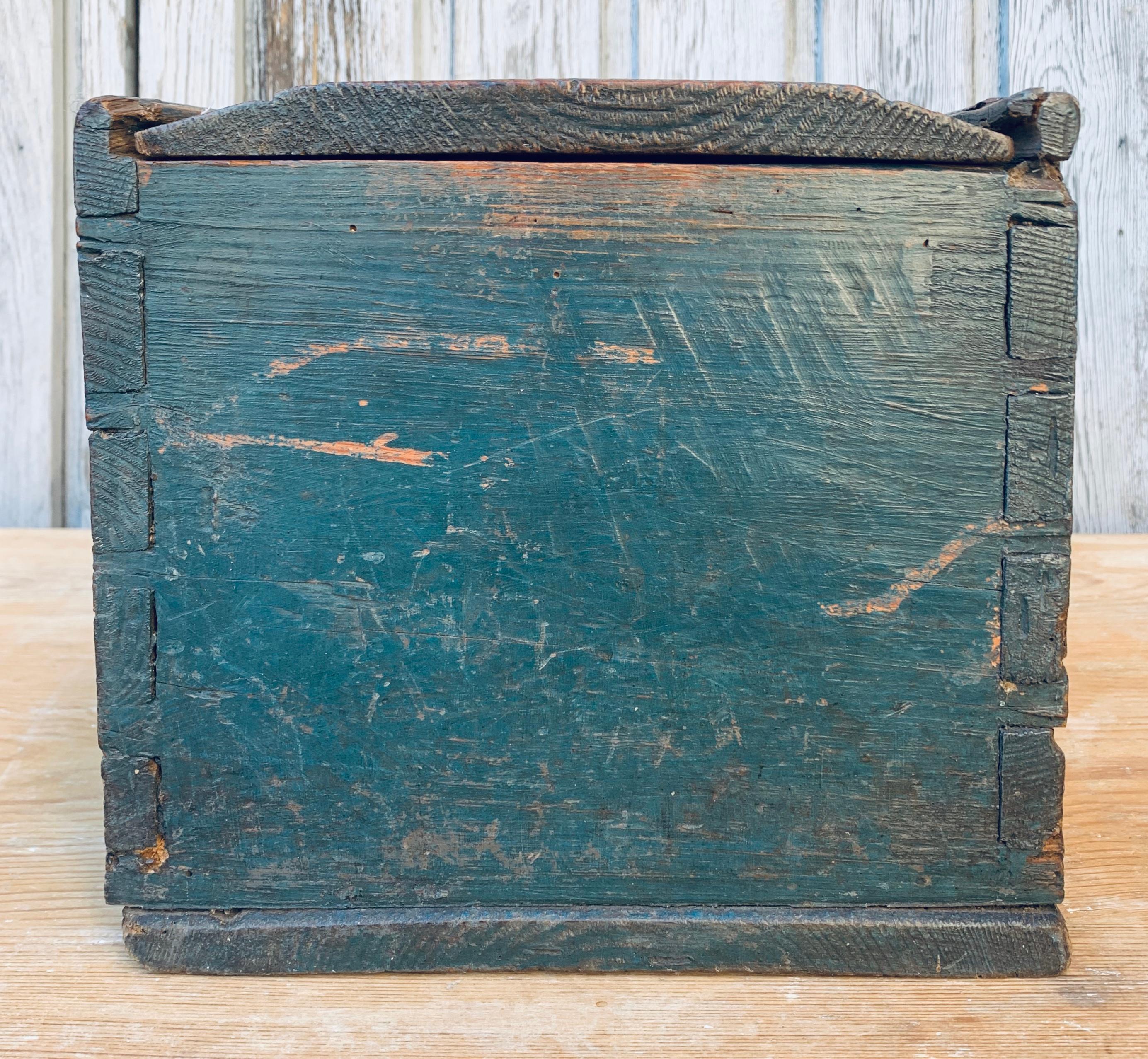 Pine Original Blue Painted Swedish Bridal Folk Art Box Dated, 1850