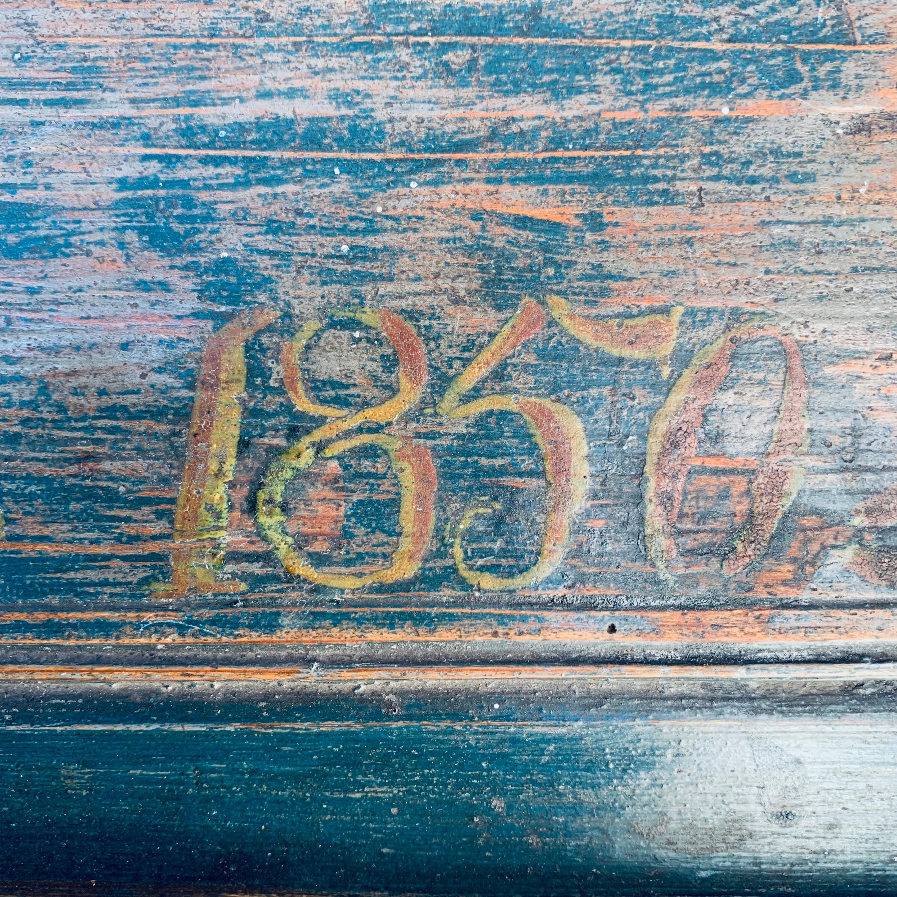 Original Blue Painted Swedish Bridal Folk Art Box Dated, 1850 1