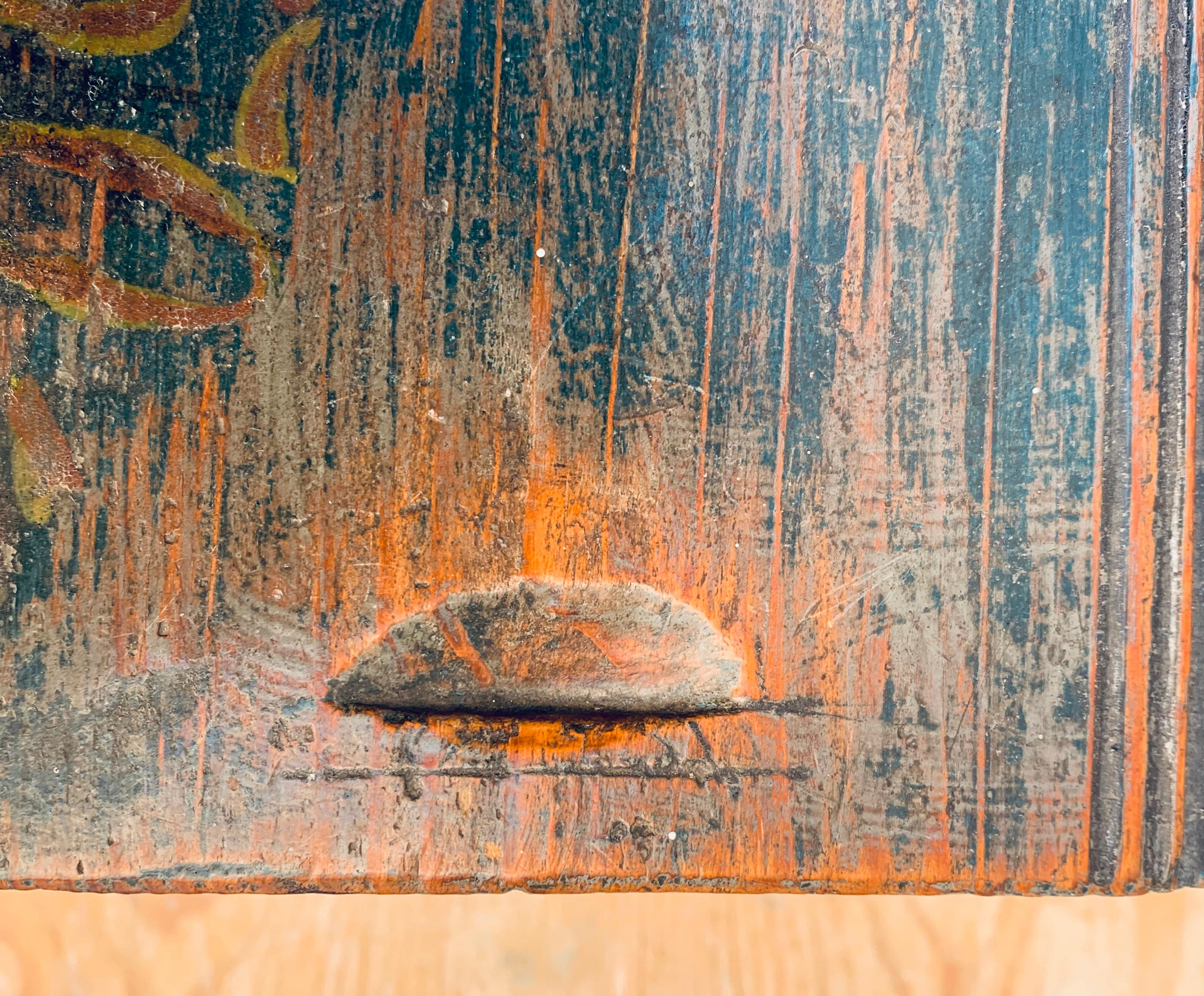 Original Blue Painted Swedish Bridal Folk Art Box Dated, 1850 2