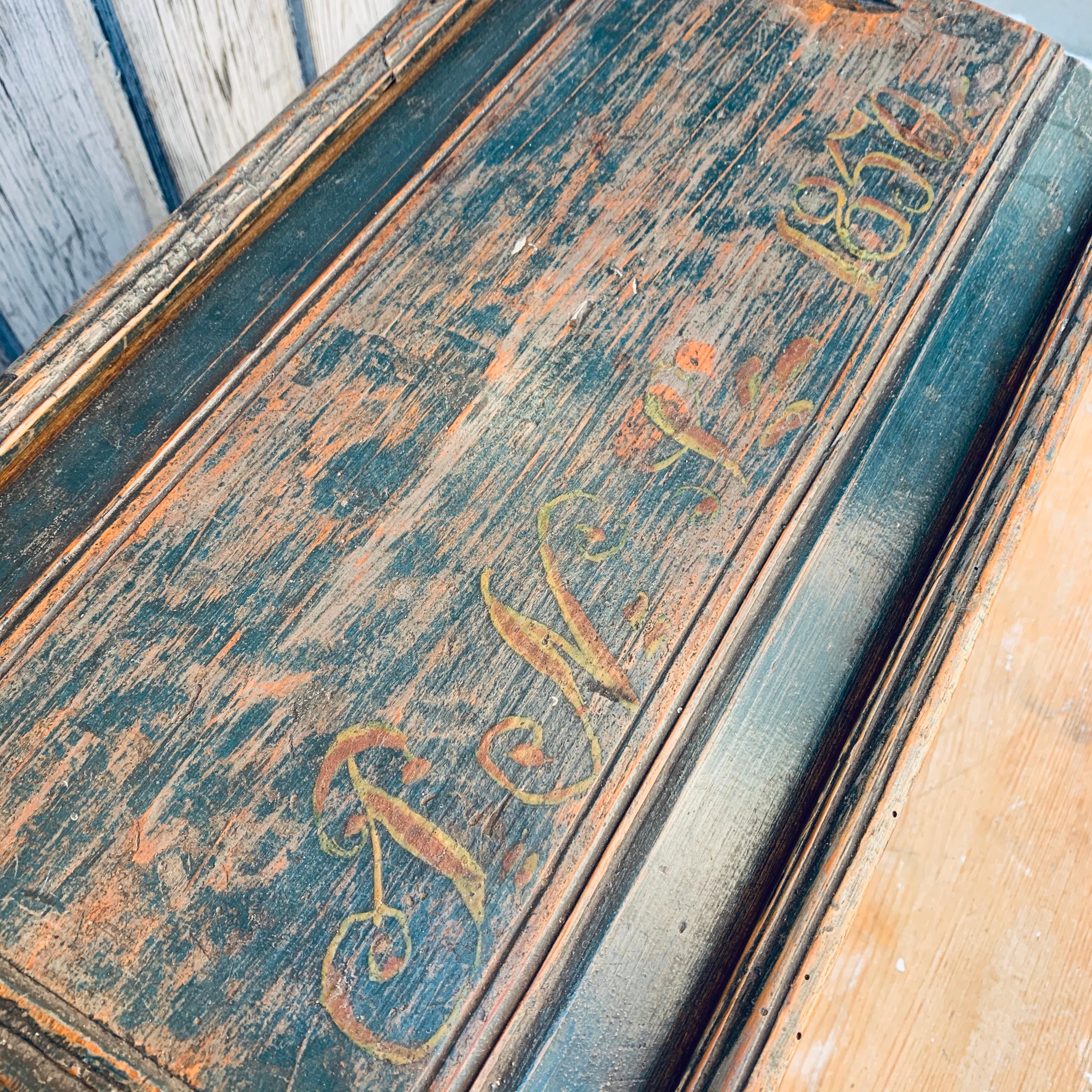 Original Blue Painted Swedish Bridal Folk Art Box Dated, 1850 3