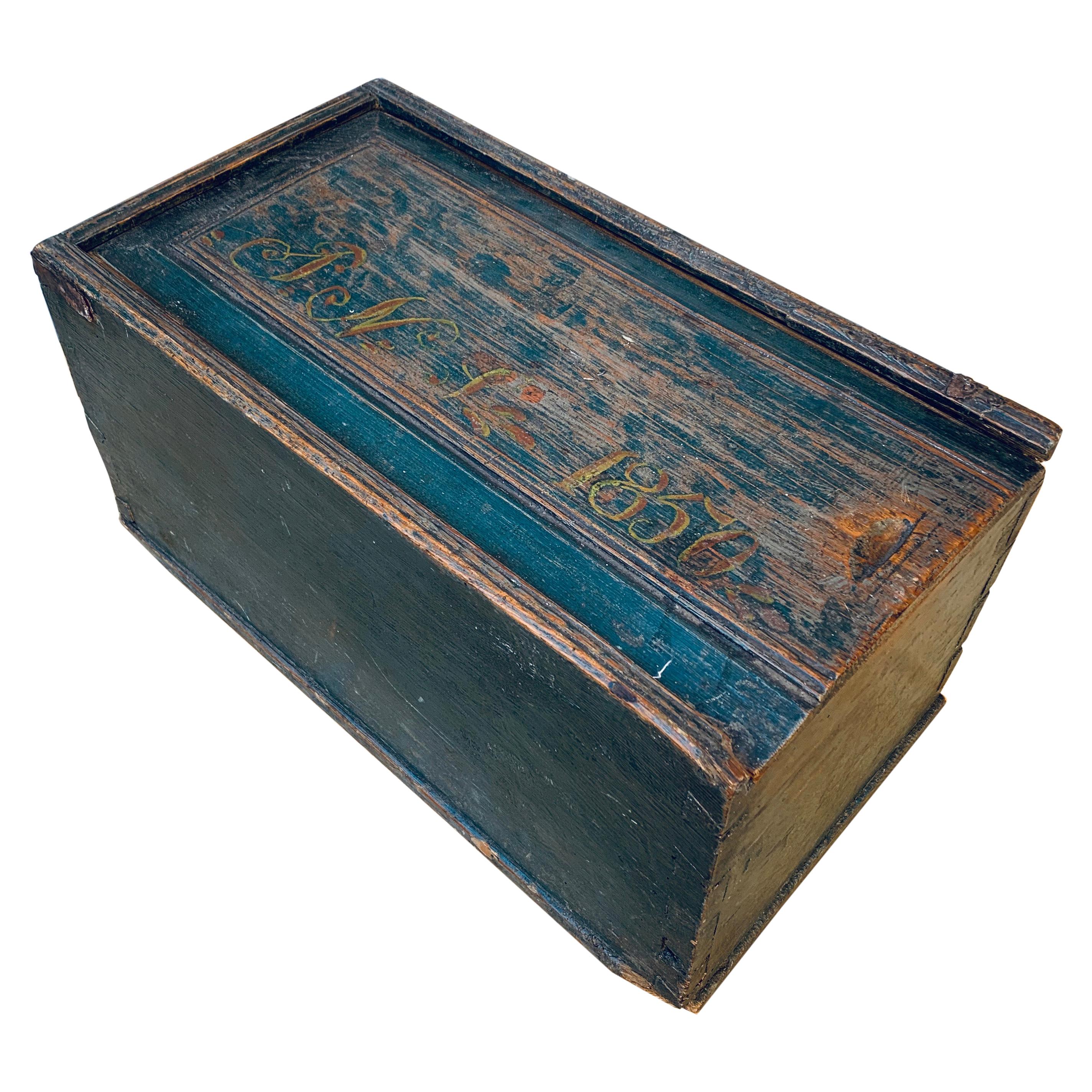 Original Blue Painted Swedish Bridal Folk Art Box Dated, 1850