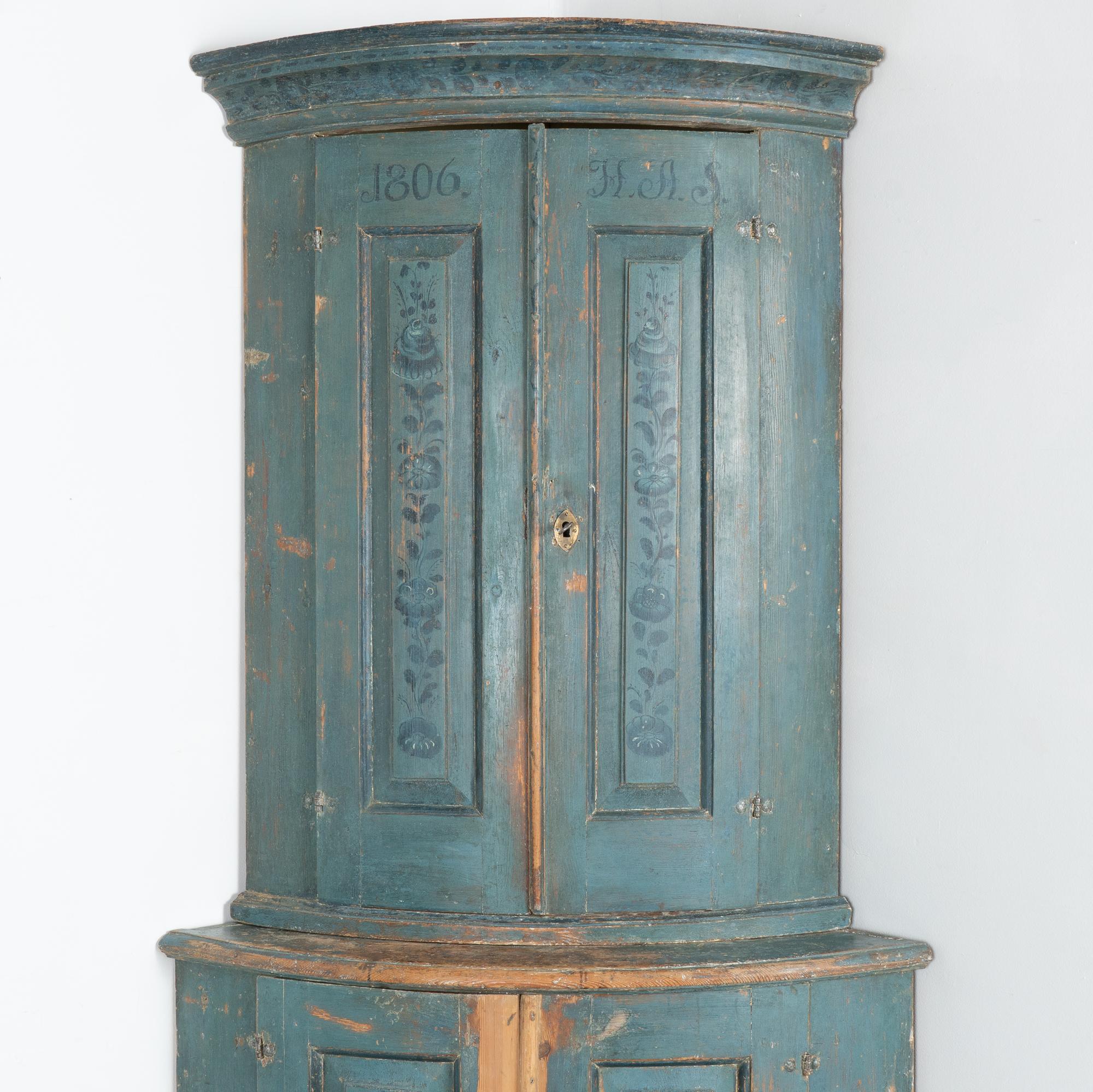 Original Blue Painted Swedish Corner Cupboard Cabinet dated 1806 In Fair Condition In Round Top, TX