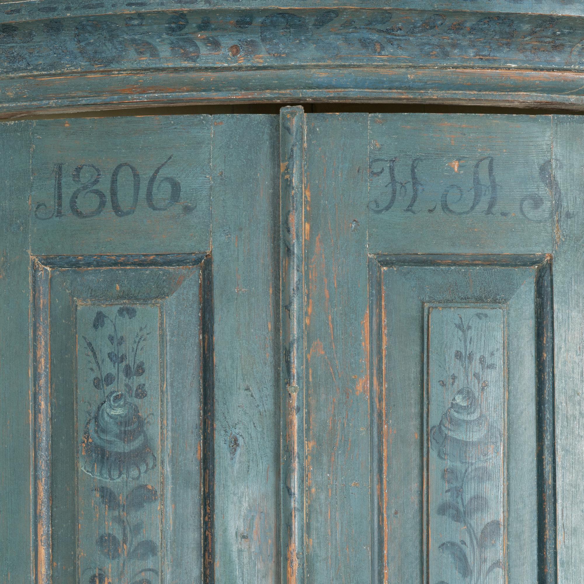 Pine Original Blue Painted Swedish Corner Cupboard Cabinet dated 1806