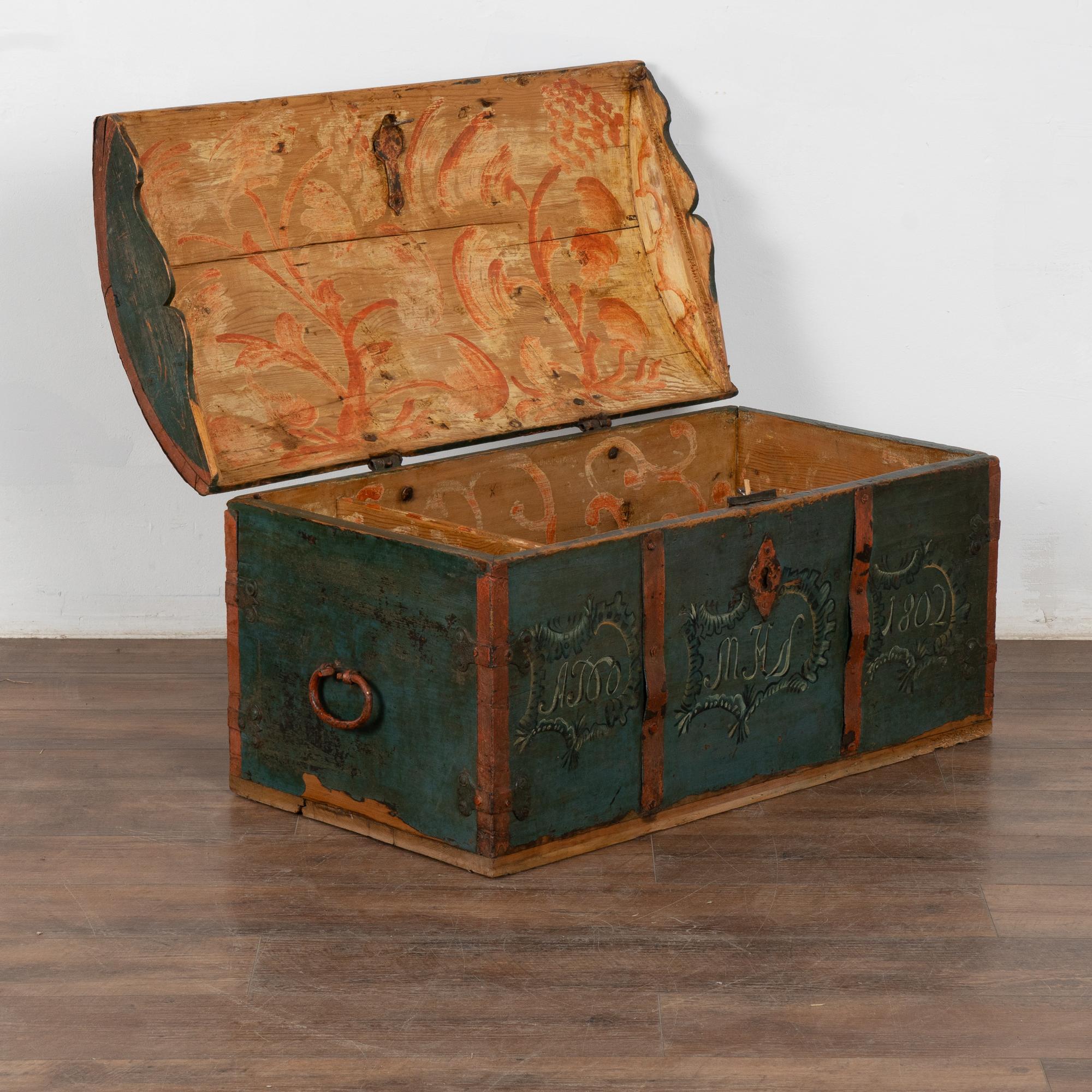 Folk Art Original Blue Painted Swedish Dome Top Trunk dated 1802 For Sale