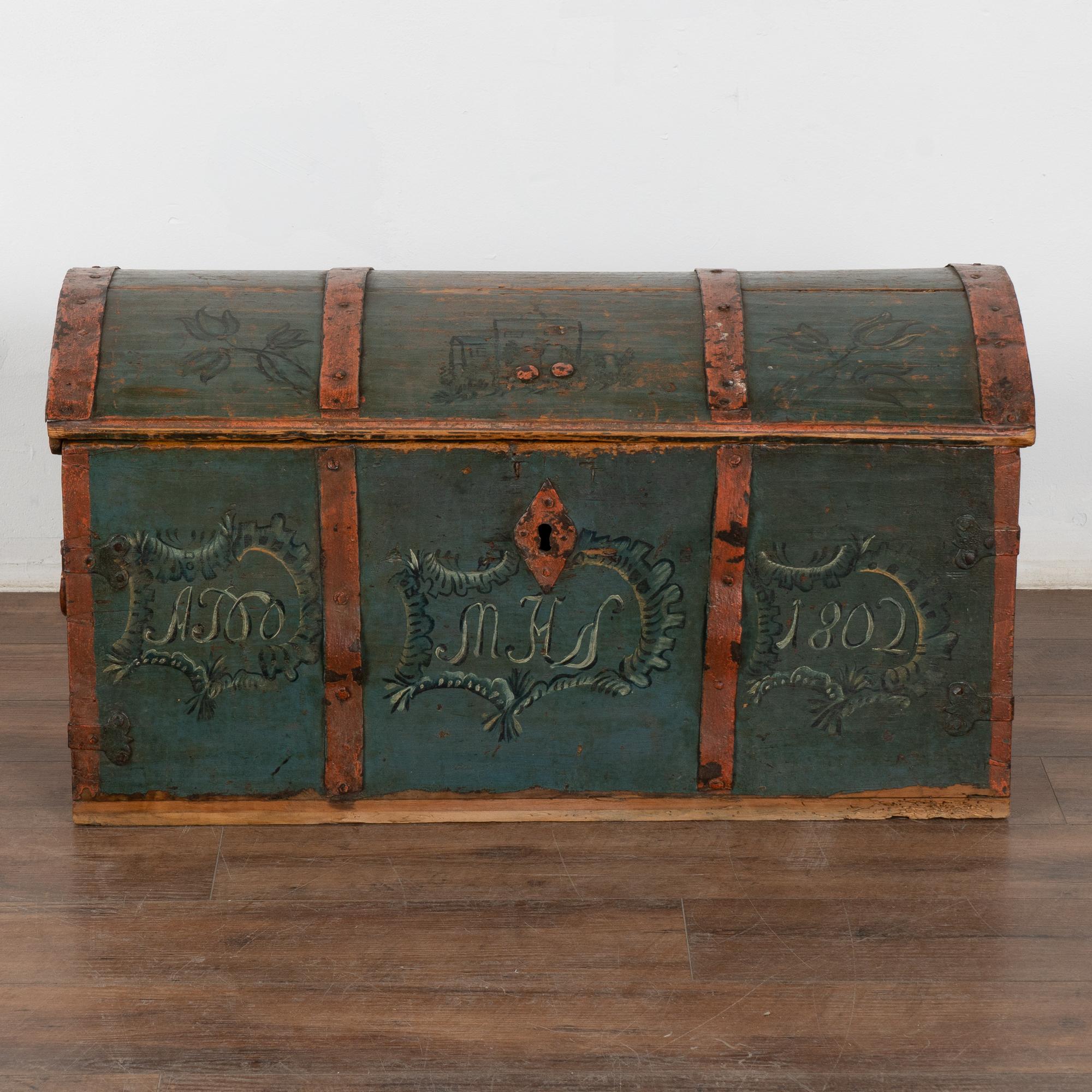 Original Blue Painted Swedish Dome Top Trunk dated 1802 In Fair Condition For Sale In Round Top, TX