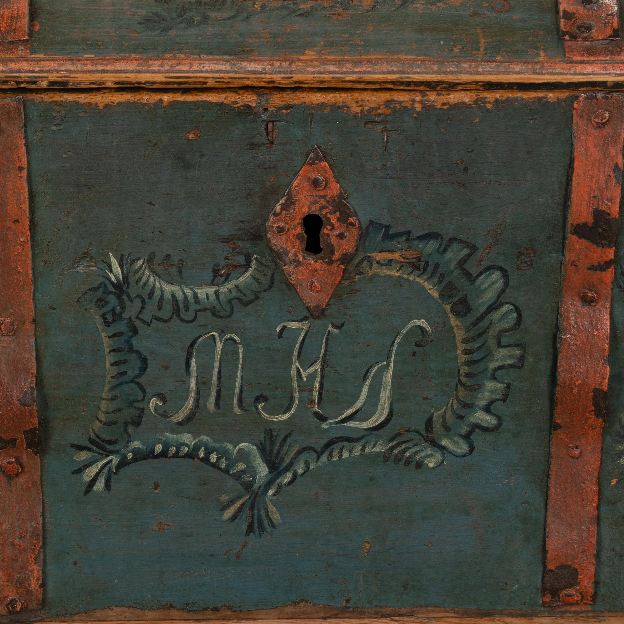 Original Blue Painted Swedish Dome Top Trunk dated 1802 For Sale 1