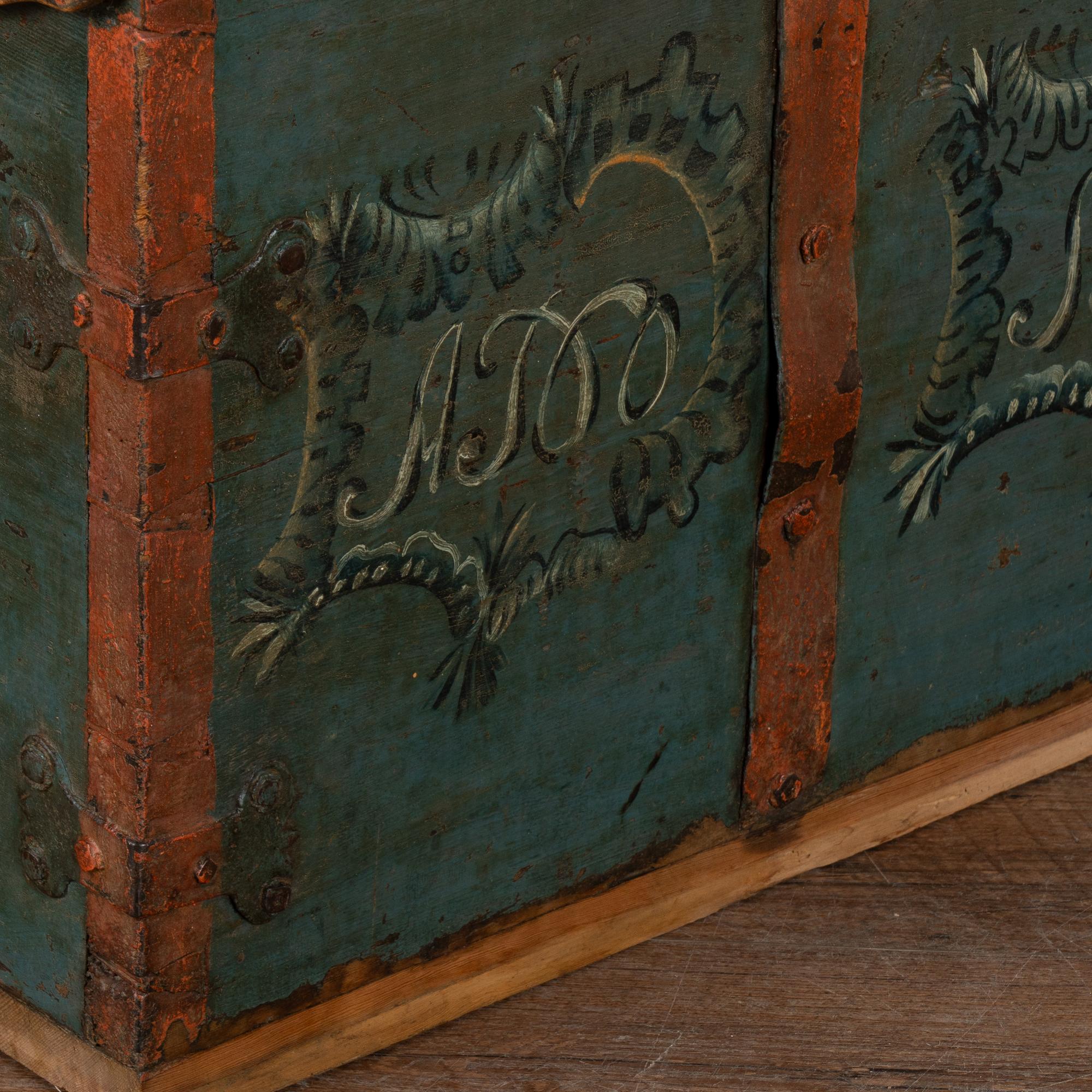 Original Blue Painted Swedish Dome Top Trunk dated 1802 For Sale 3