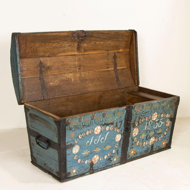 Original Blue Painted Swedish Dome Top Trunk Dated 1835 In Good Condition In Round Top, TX