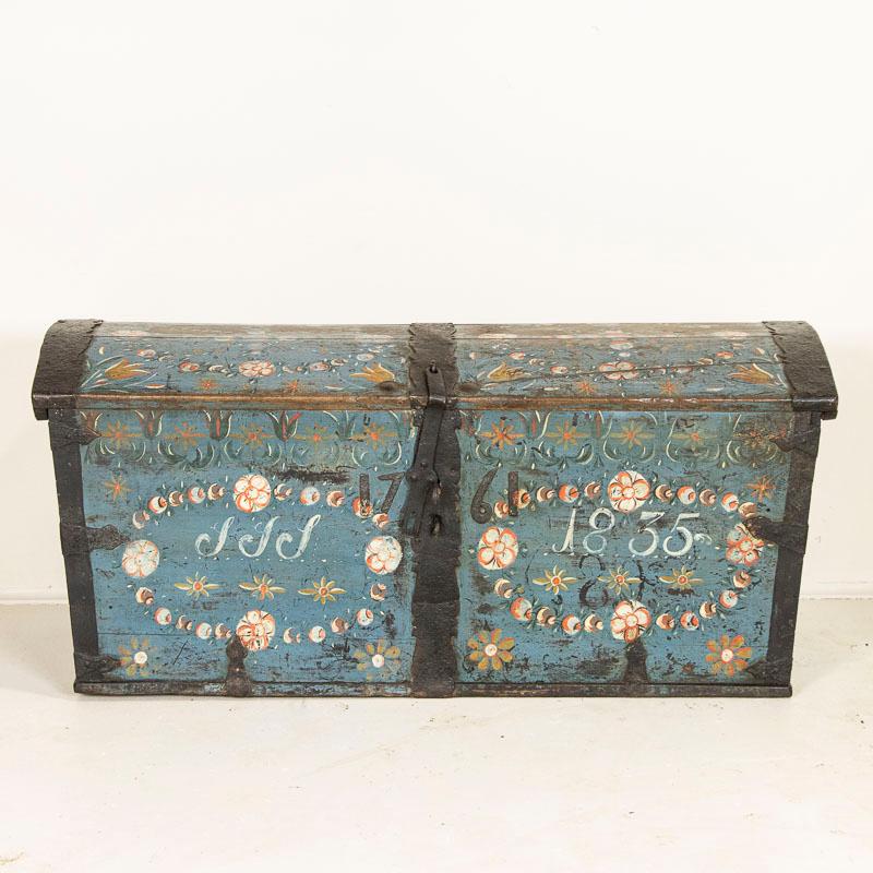 19th Century Original Blue Painted Swedish Dome Top Trunk Dated 1835
