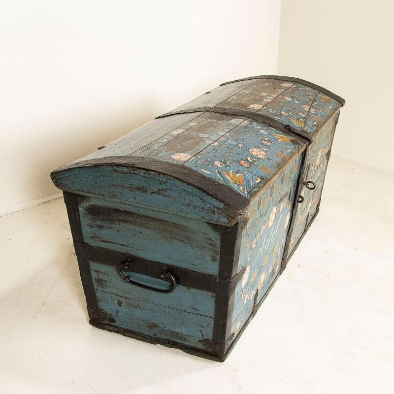 Iron Original Blue Painted Swedish Dome Top Trunk Dated 1835