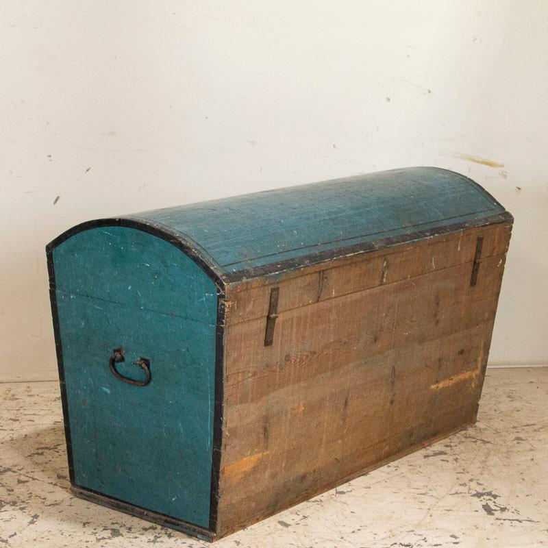 Original Blue Painted Swedish Dome Top Trunk, Dated 1838 In Good Condition In Round Top, TX