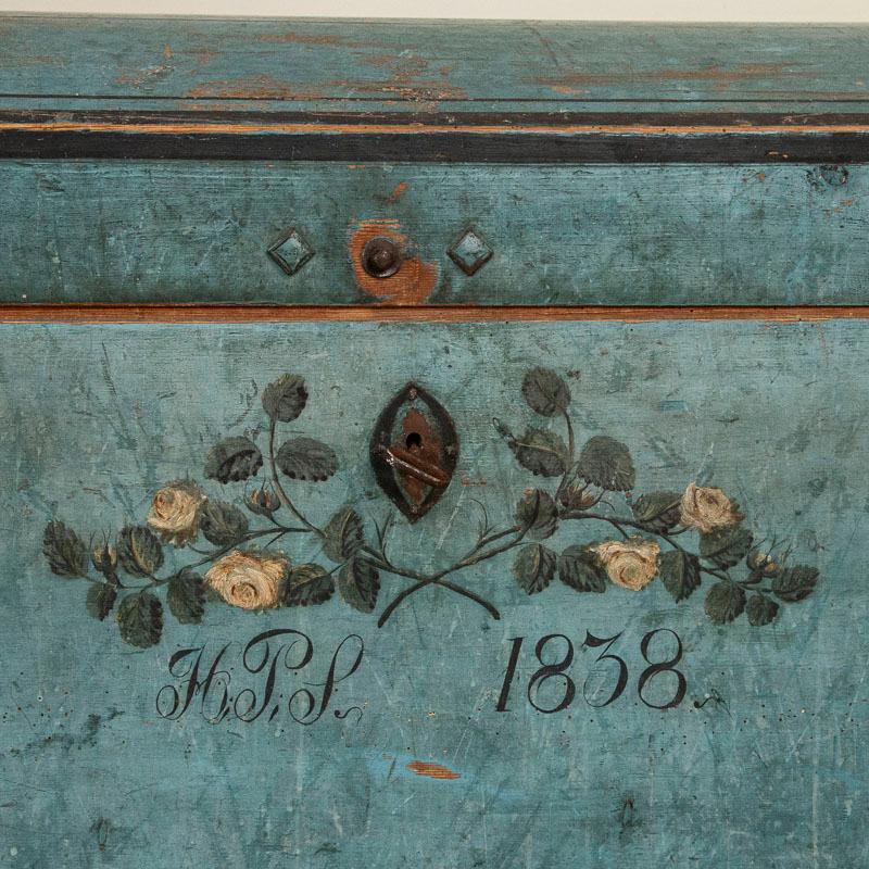 Original Blue Painted Swedish Dome Top Trunk, Dated 1838 1