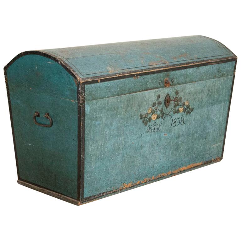 Original Blue Painted Swedish Dome Top Trunk, Dated 1838