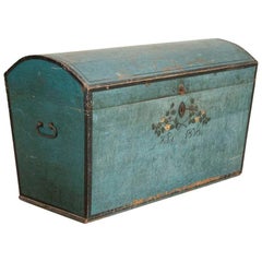 Antique Original Blue Painted Swedish Dome Top Trunk, Dated 1838