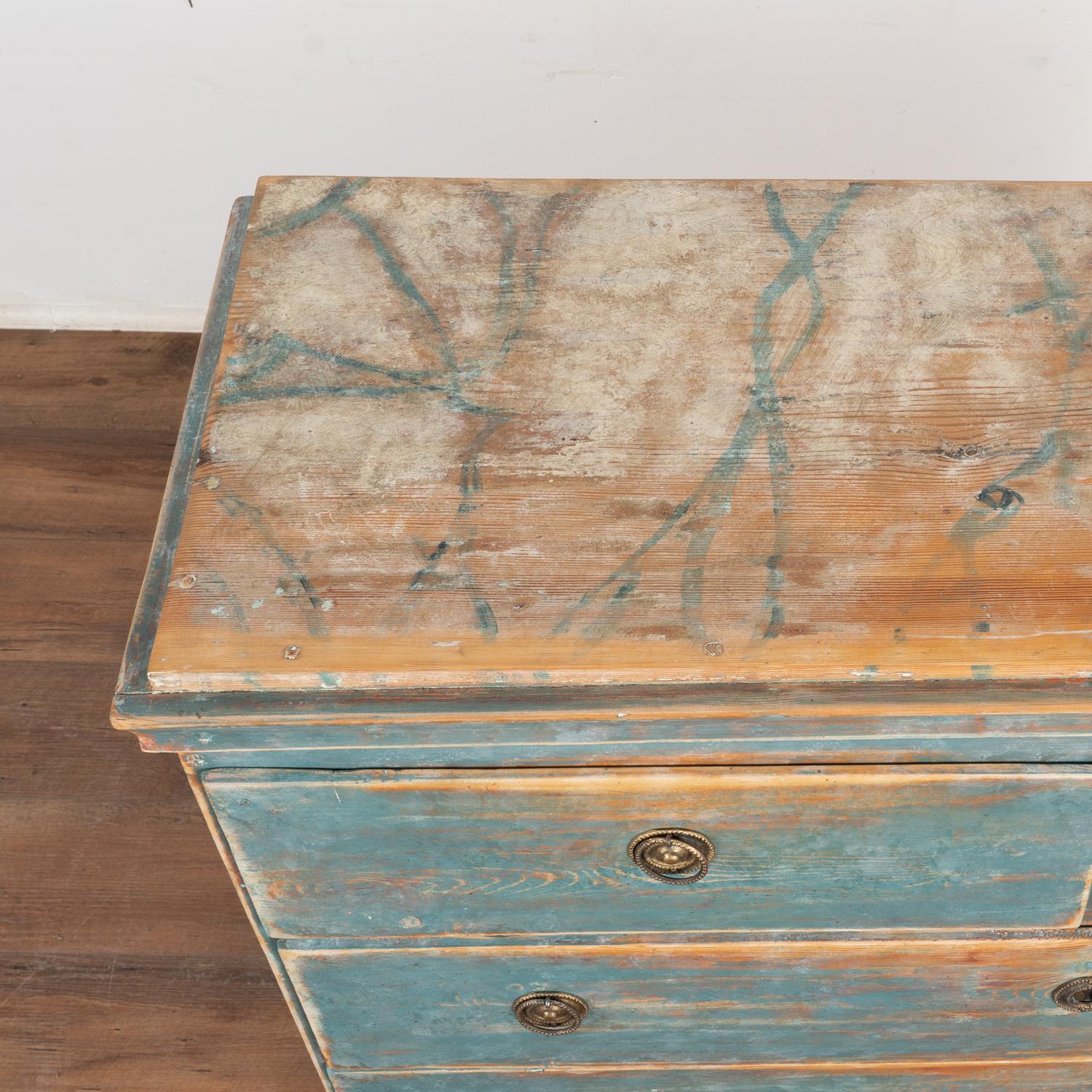 Brass Original Blue Painted Swedish Pine Chest of drawers, circa 1800-20