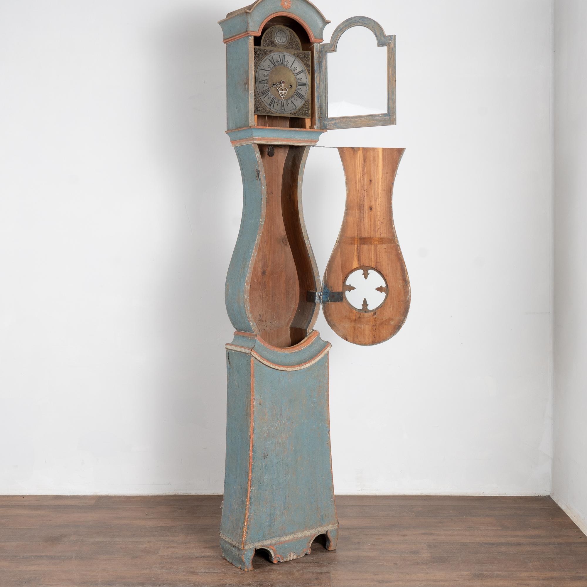 Gustavian Original Blue Painted Tall Swedish Mora Grandfather Clock, circa 1820-40 For Sale