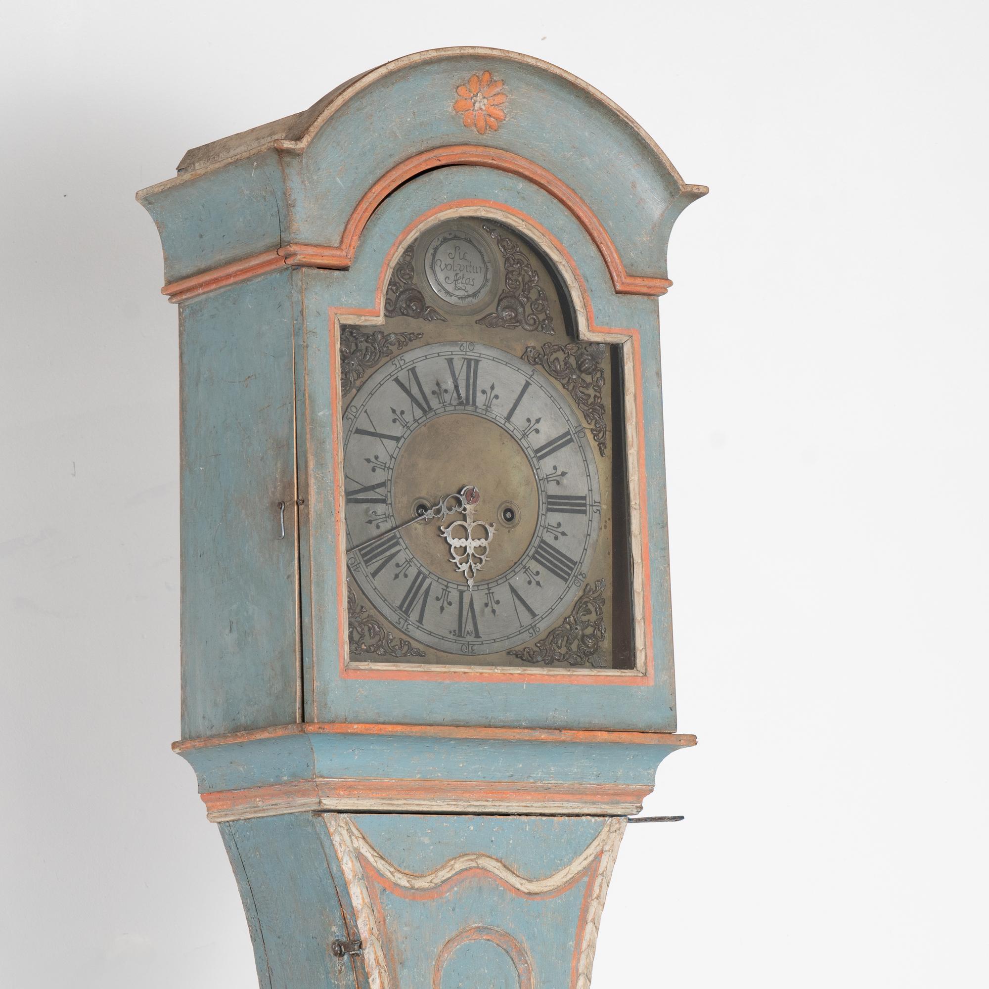 19th Century Original Blue Painted Tall Swedish Mora Grandfather Clock, circa 1820-40 For Sale