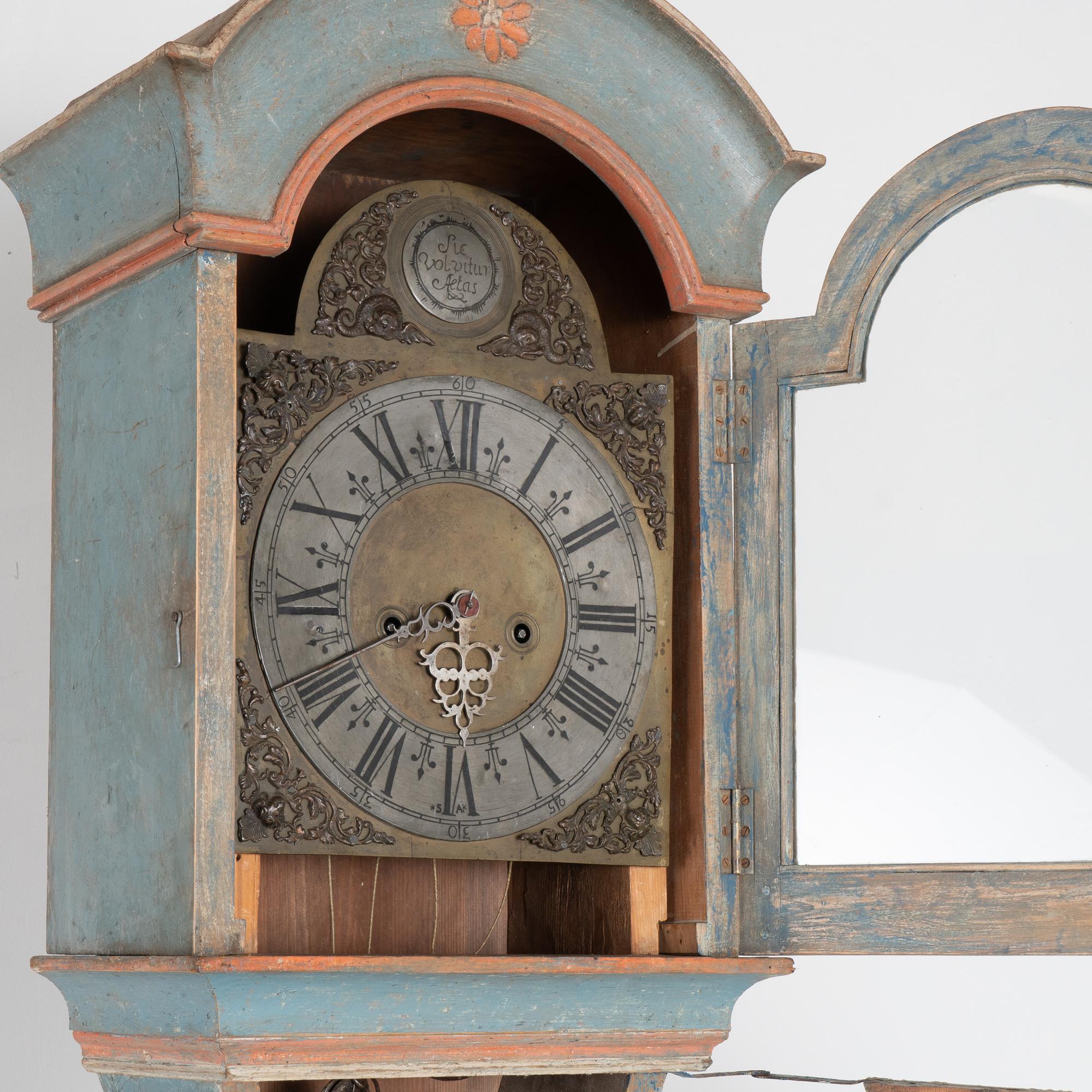 Glass Original Blue Painted Tall Swedish Mora Grandfather Clock, circa 1820-40 For Sale