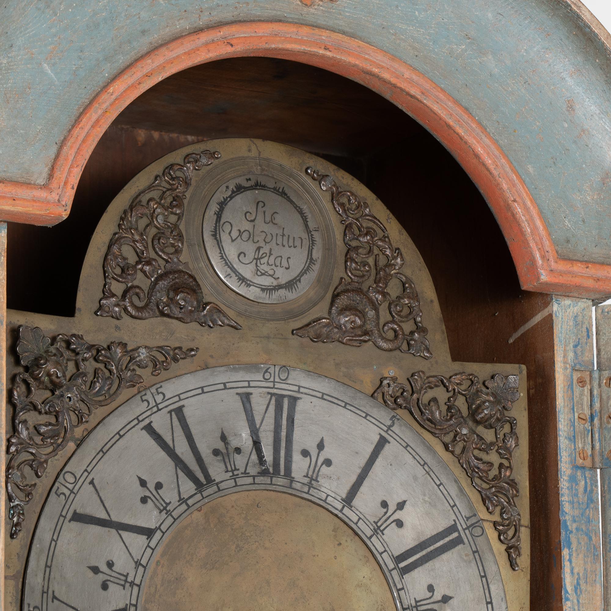 Original Blue Painted Tall Swedish Mora Grandfather Clock, circa 1820-40 For Sale 1