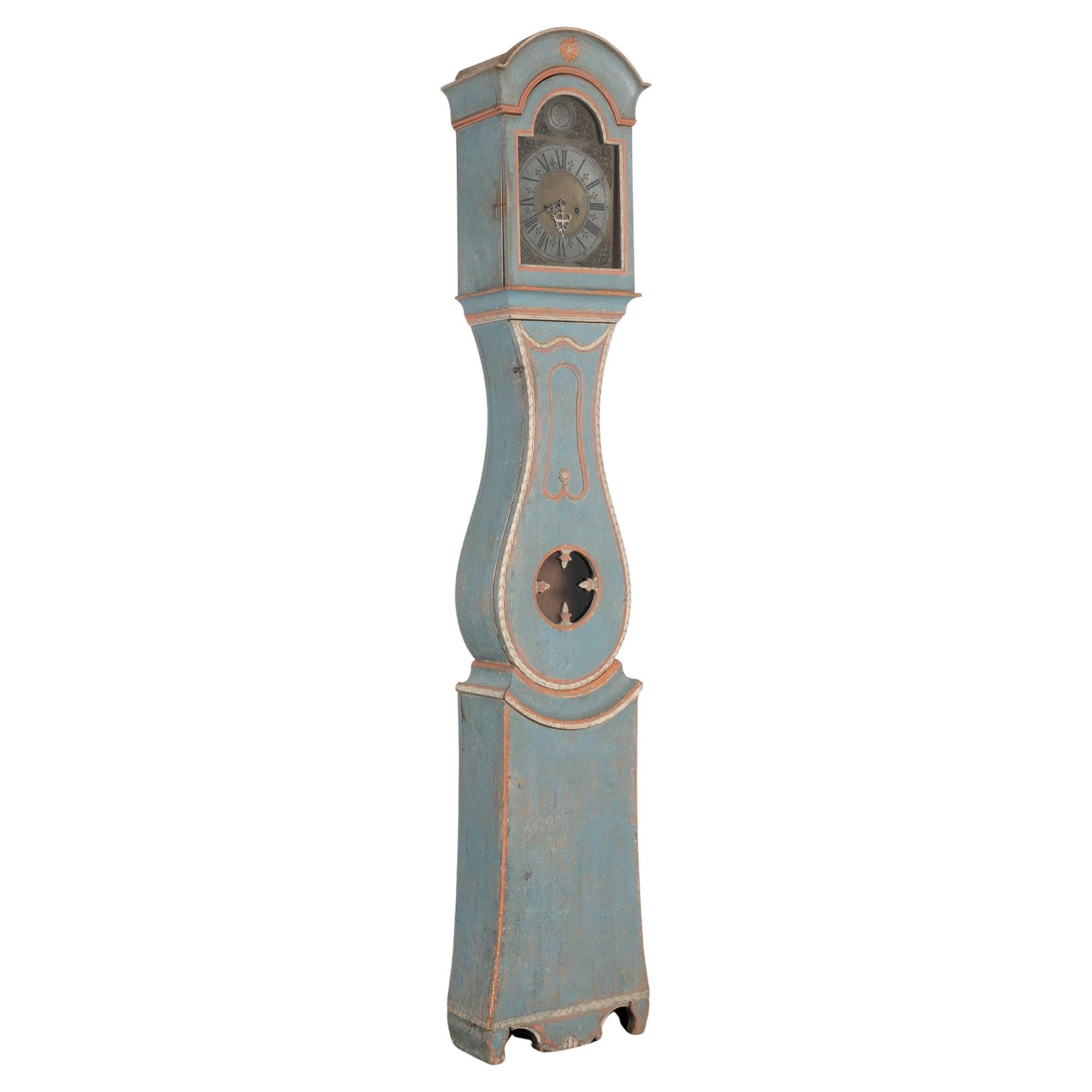 Horloge grand-père suédoise Mora Clocks originale peinte en bleu, vers 1820-40
