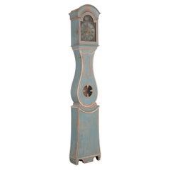 Horloge grand-père suédoise Mora Clocks originale peinte en bleu, vers 1820-40