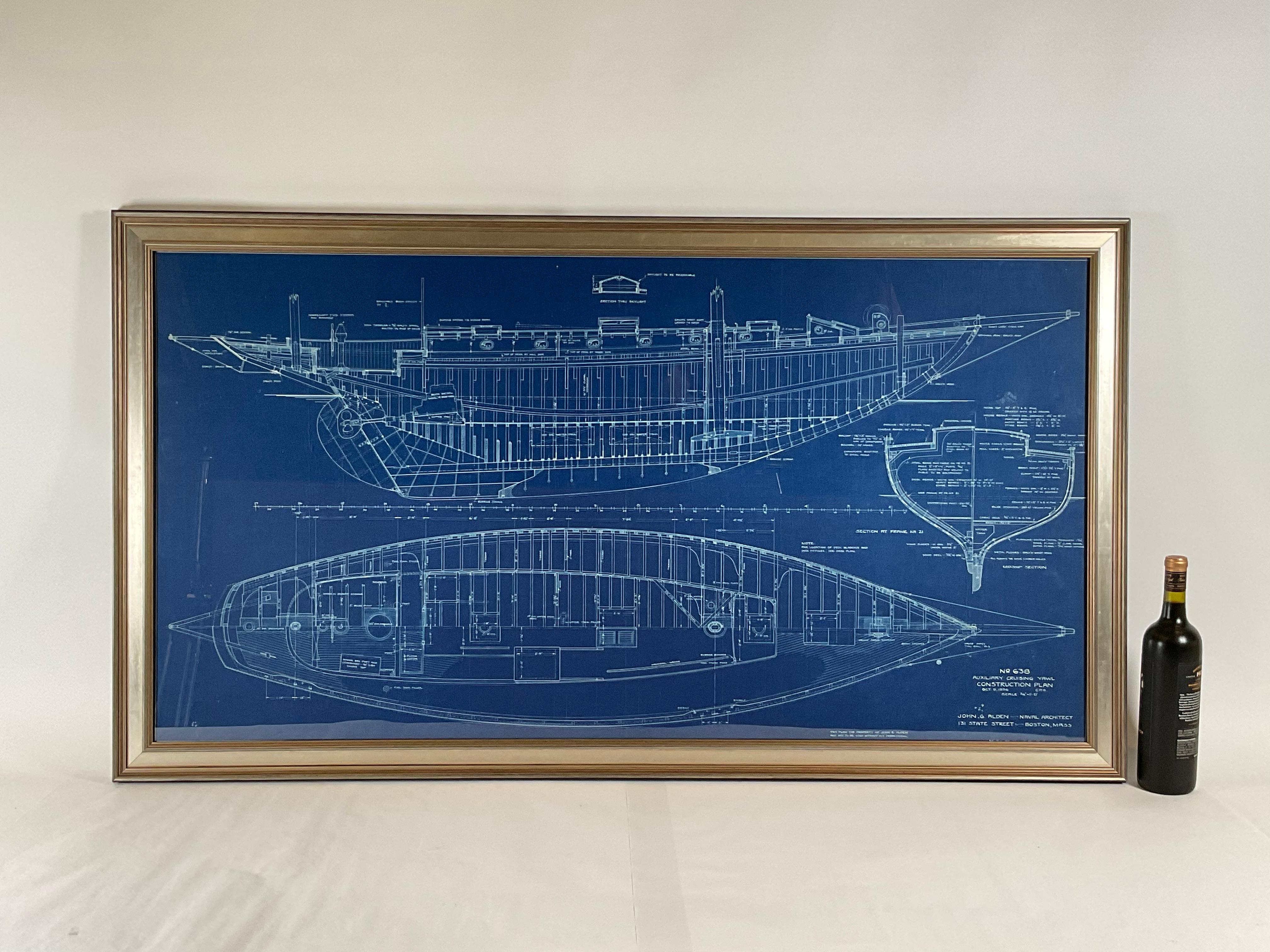 Original-Yachtentwurf der Fahrtenjolle Evening Star. Dies stammt aus dem Büro von John G. ALDEN, Yacht Architects, Boston. Die Legende rechts unten auf der Zeichnung lautet Nr. 638, Hilfskreuzjolle, Kabinenplan. Datiert auf den 17. Oktober 1936. Die