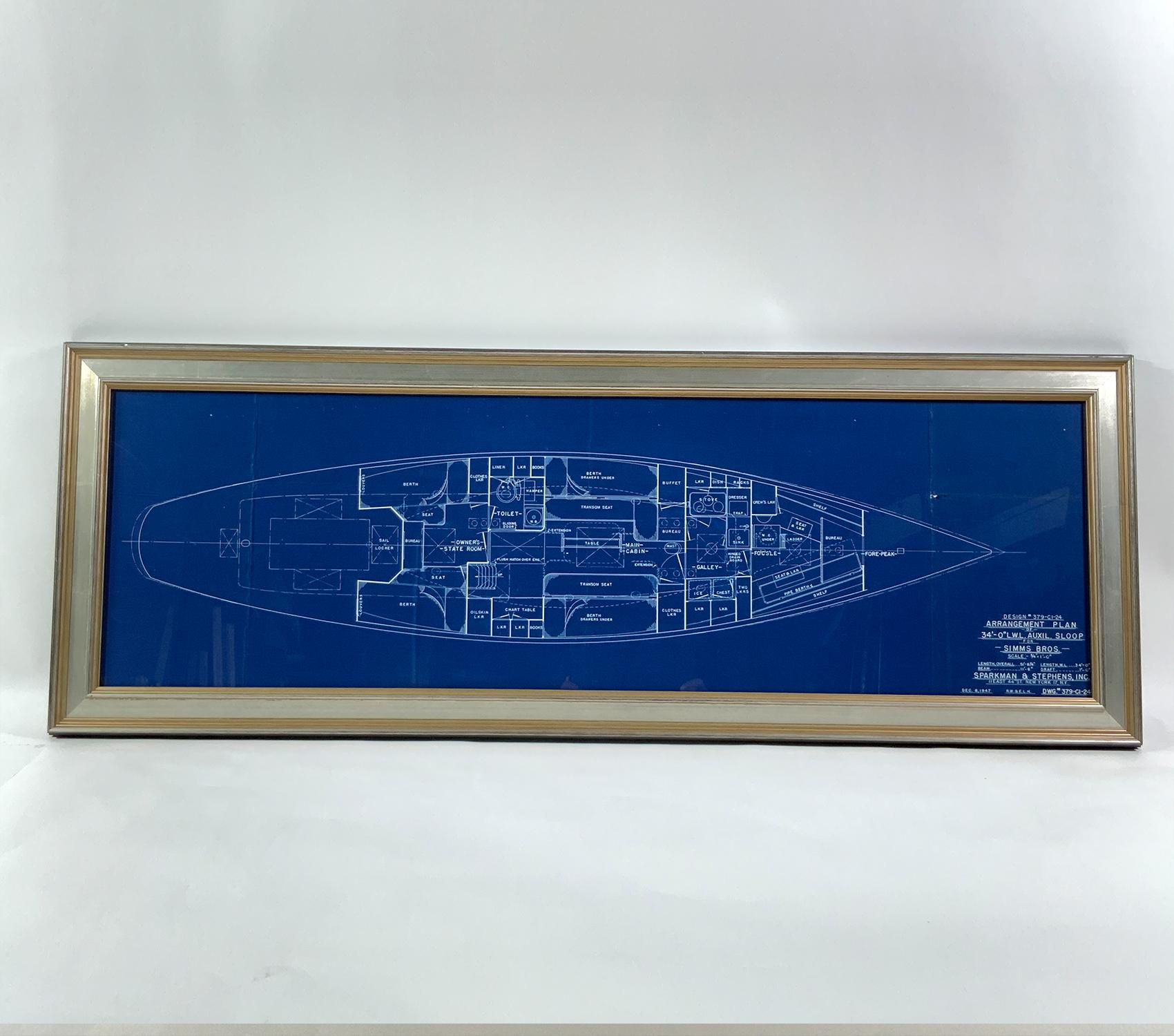 Plan original du yacht de Sparkman et Stevens, le Sloop auxiliaire Venture III. Construit chez Simms Brothers à Dorchester, Mass en 1949. Conçu par Olin Stevens et Aage Nielsen. Un plan très historique venant des maîtres. La légende indique : 