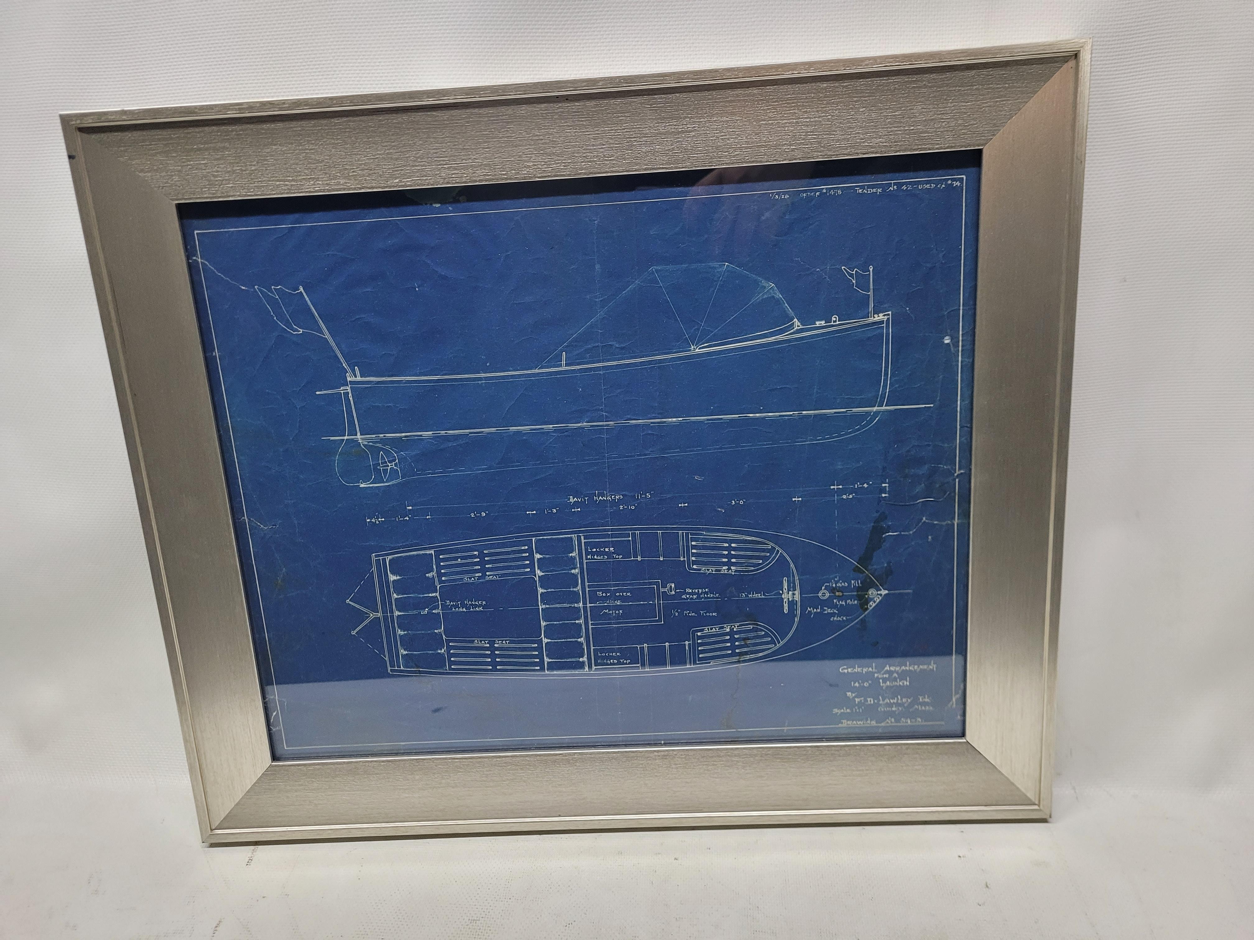 Plan original d'une vedette marine du célèbre architecte naval et constructeur de bateaux Frederick D. Lawley (1878-1953) de Quincy, Massachusetts. La légende de la plaque indique : Dispositions générales pour un lancement de quatorze pieds par F.D.