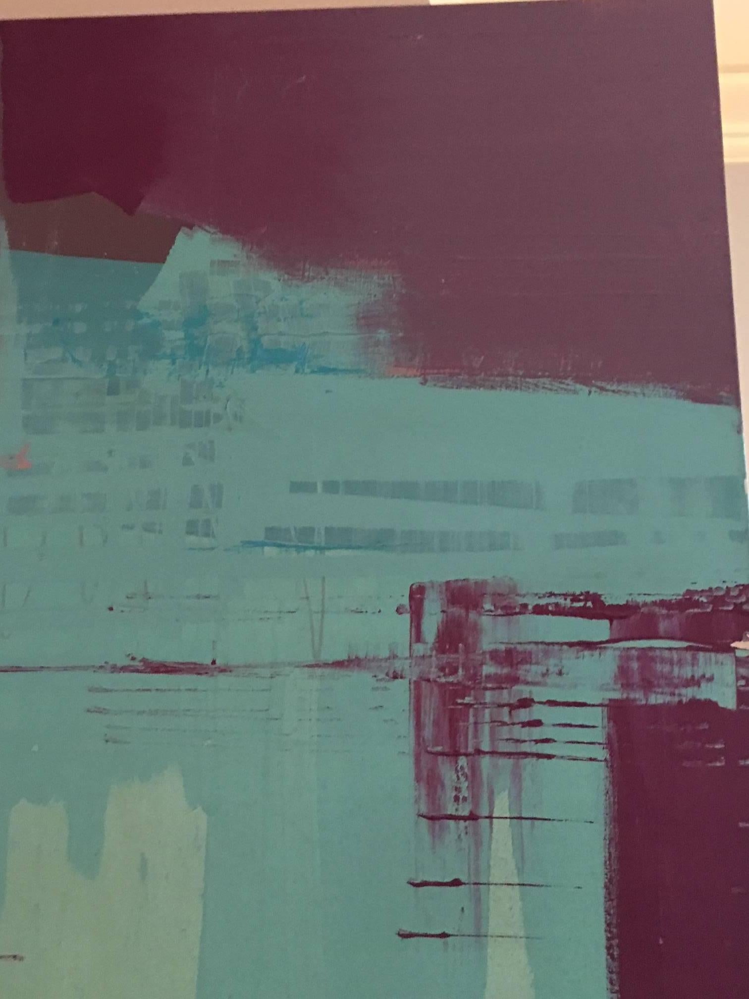 Original Bob Rankin Large Abstract Painting in Teal and Violet In Good Condition For Sale In Raleigh, NC