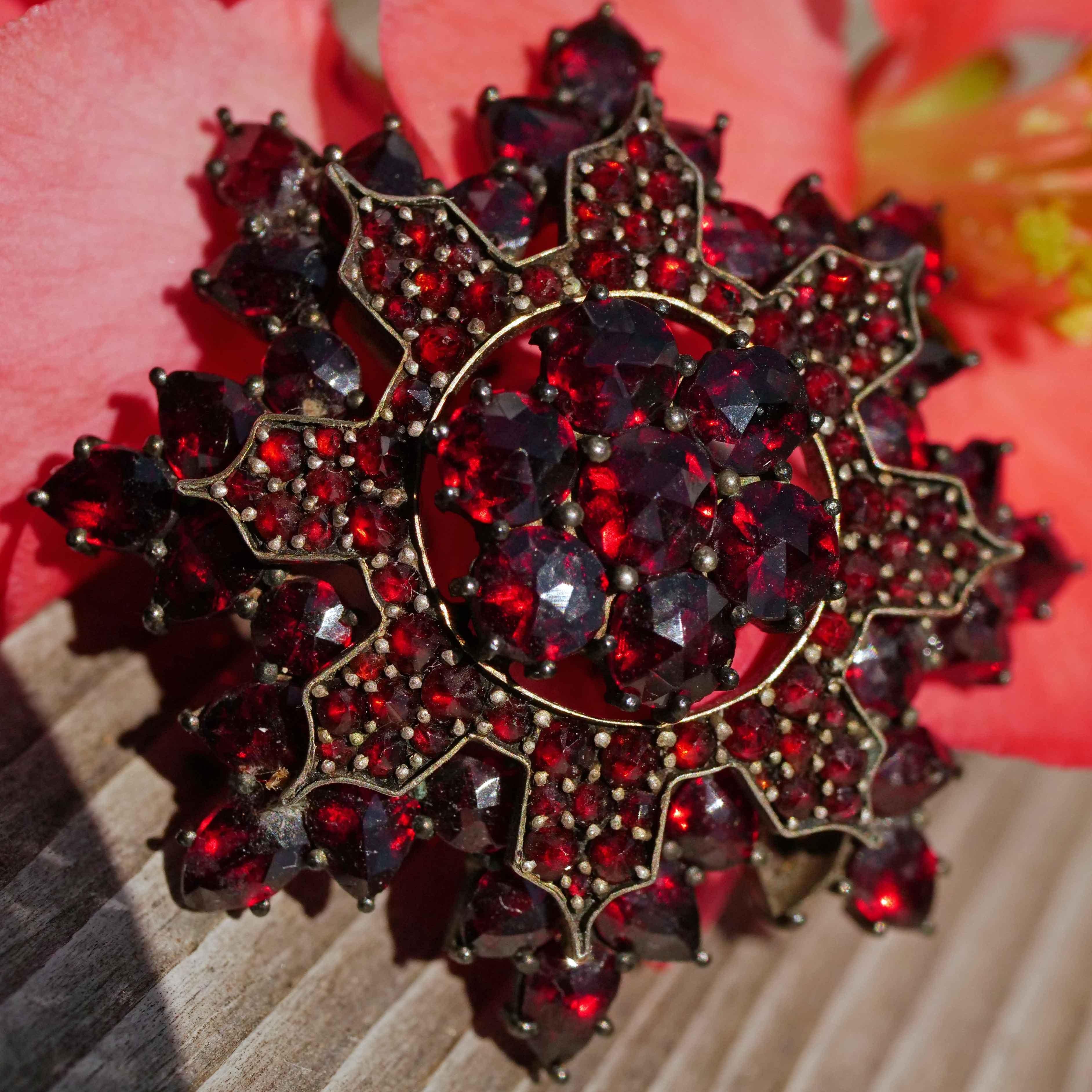 Rose Cut Original Bohemian Garnet Brooch 1860-1890 Tombak Czech Republic Carbuncle Stone For Sale