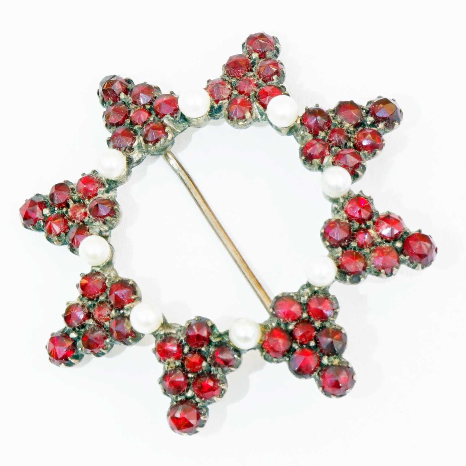 Rose Cut Original Bohemian Garnet Brooche 1860-1890 Tombak Czech Republic Carbuncle Stone For Sale