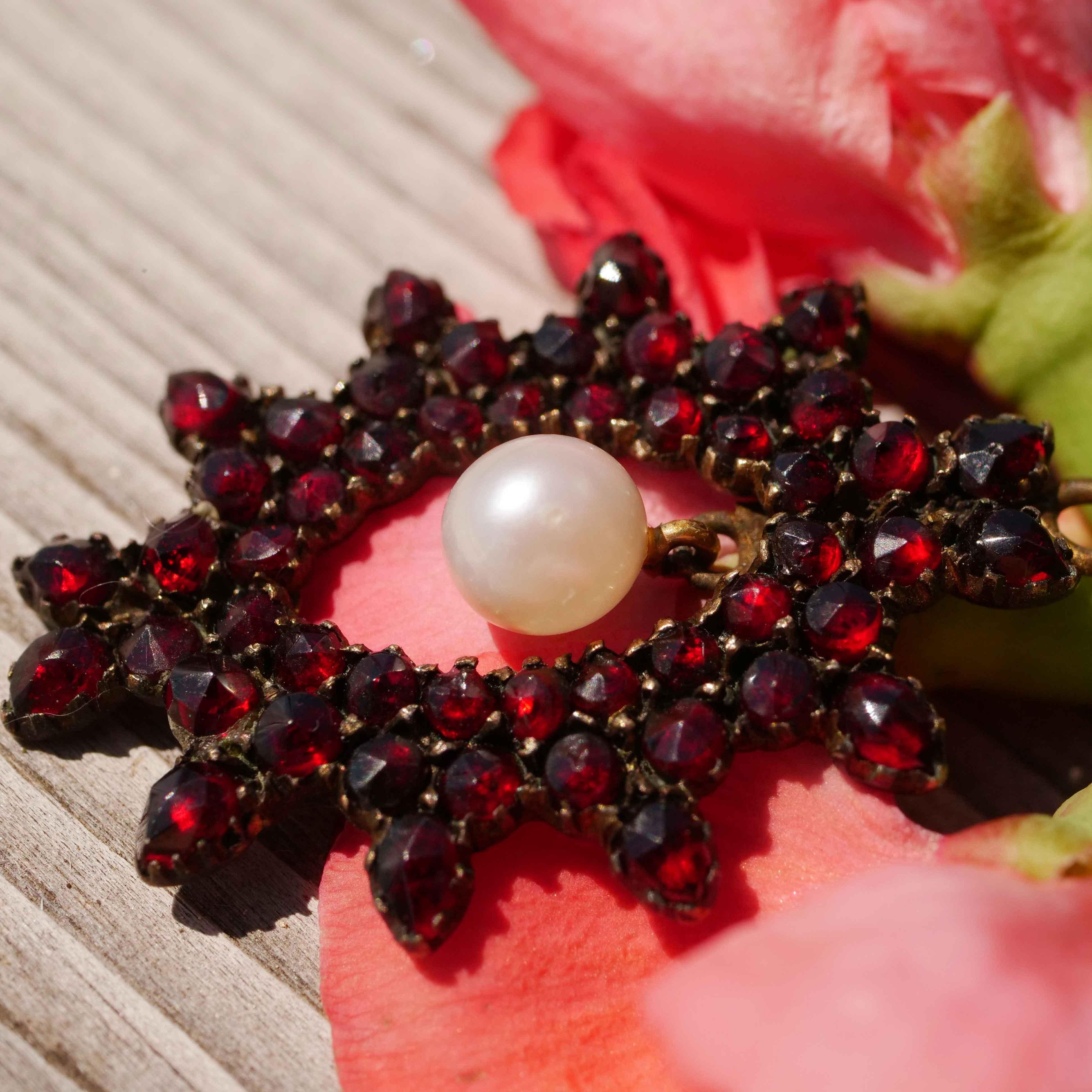 Rose Cut Original Bohemian Garnet Pendant 1860-1890 Tombak Czech Republic Carbuncle Stone For Sale