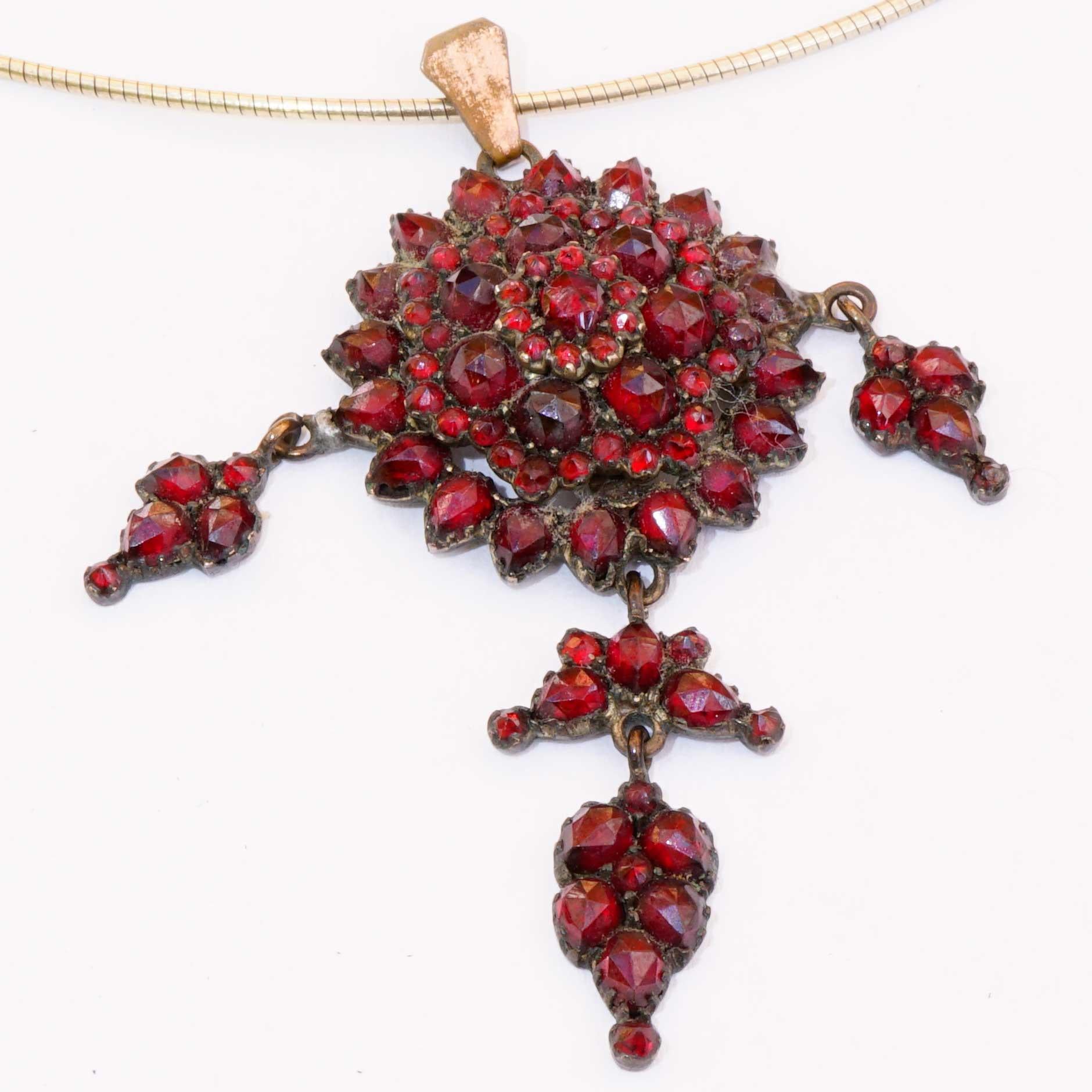 Rose Cut Original Bohemian Garnet Pendant 1860-1890 Tombak Czech Republic Carbuncle Stone For Sale