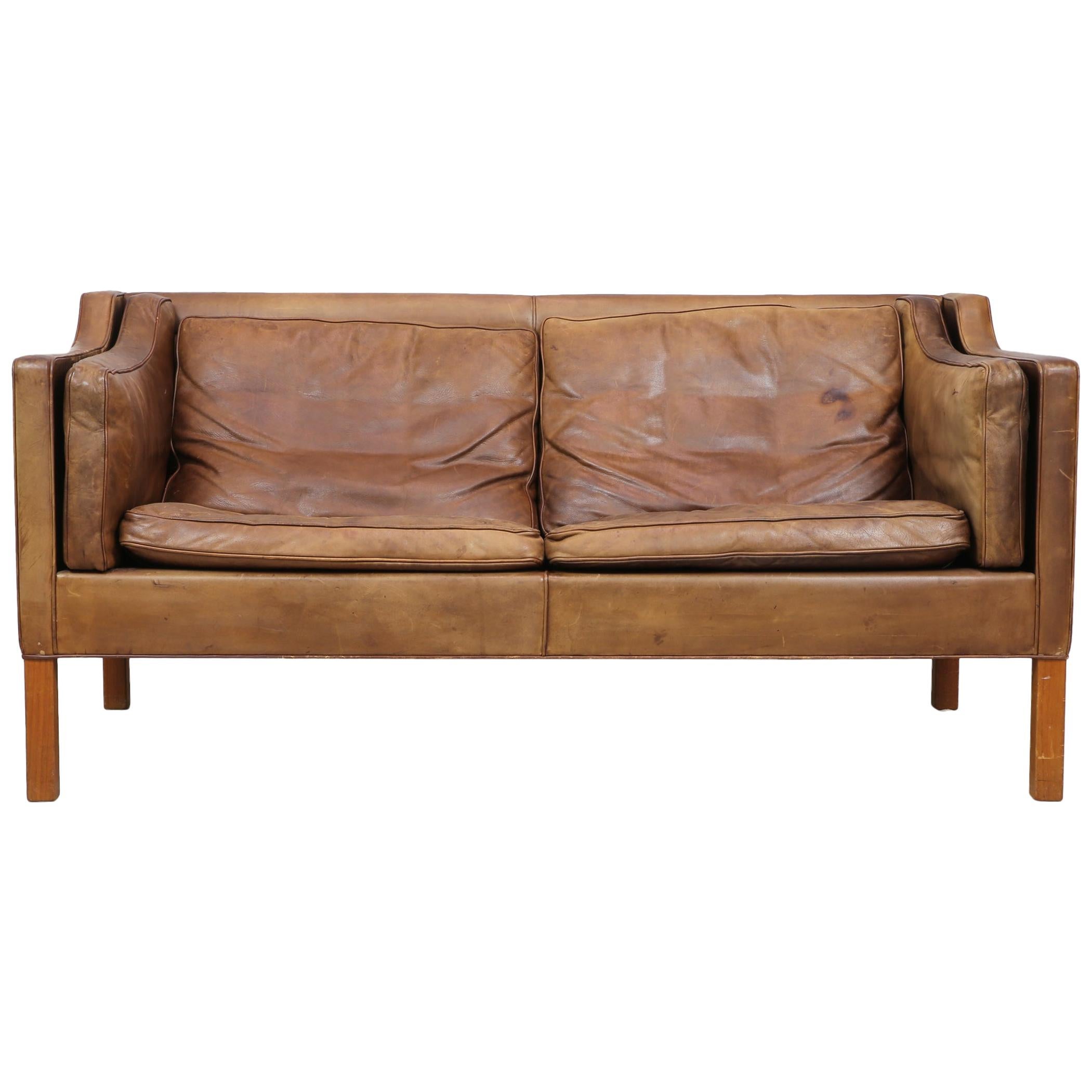 Original Borge Mogensen 2212 Sofa in Patinated Leather, Denmark, 1960s-1970s