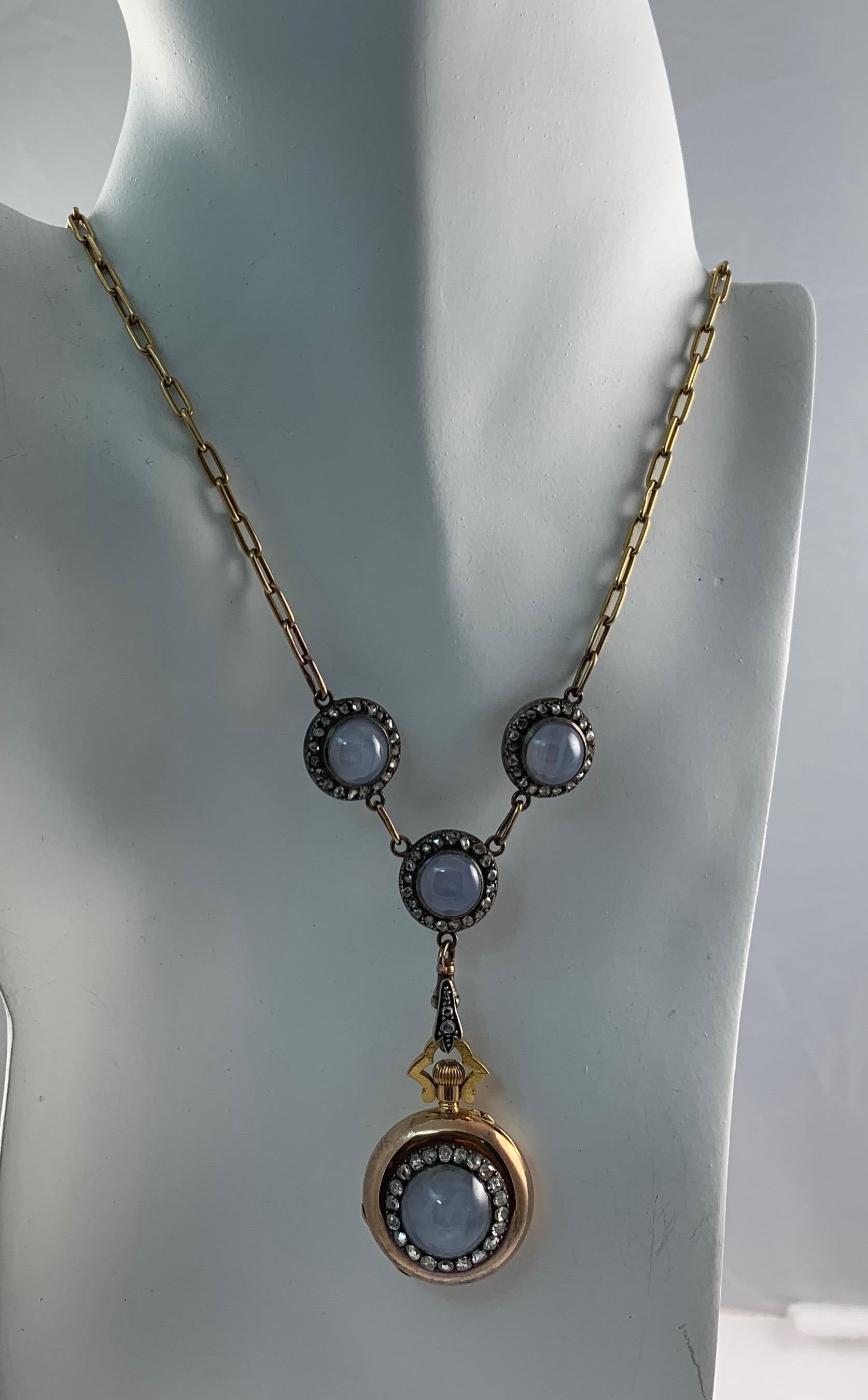 Original Boucheron Star Sapphire and Diamond Gold Necklace circa 1900 with Clock In Good Condition For Sale In Los Angeles, CA