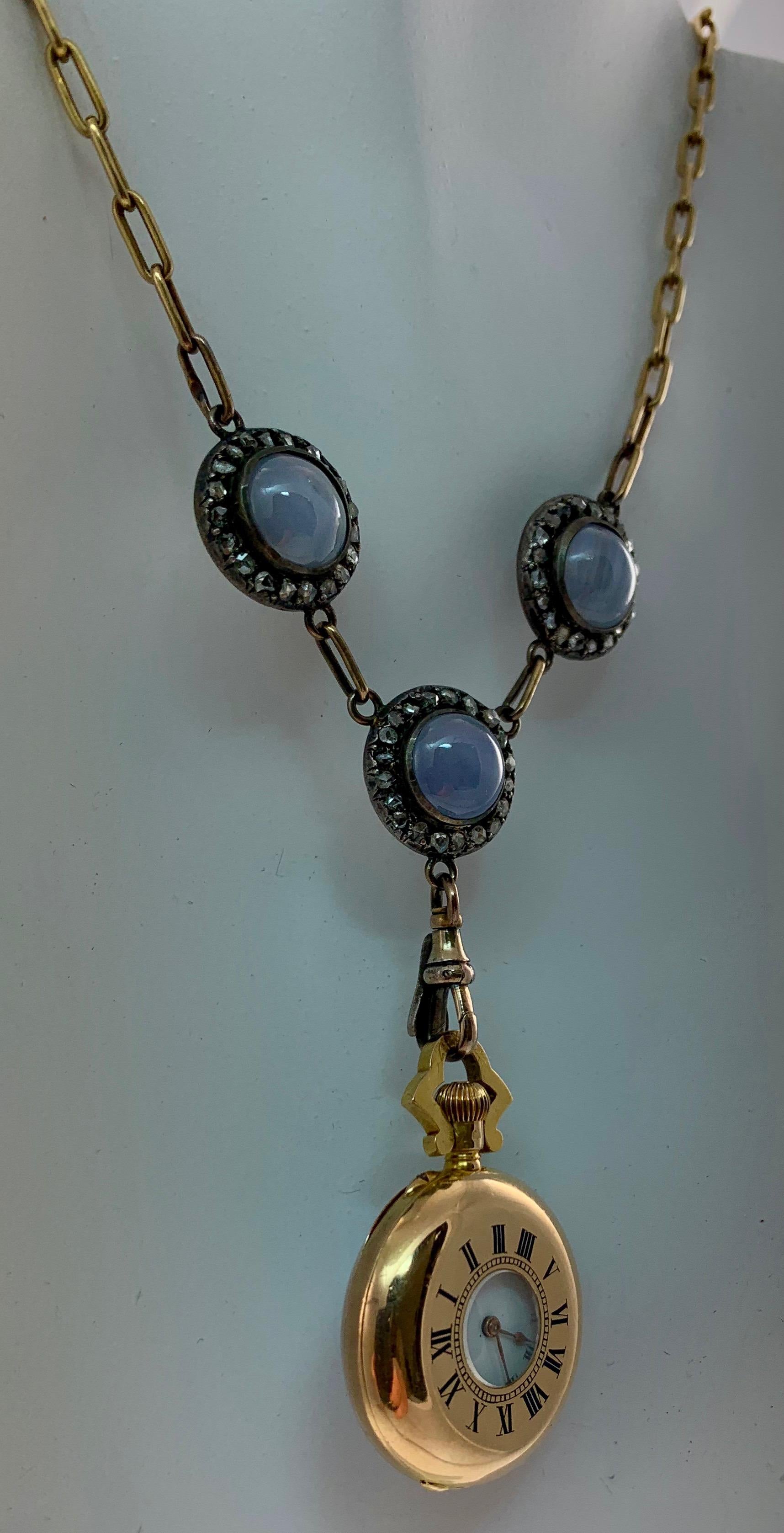 Women's Original Boucheron Star Sapphire and Diamond Gold Necklace circa 1900 with Clock For Sale
