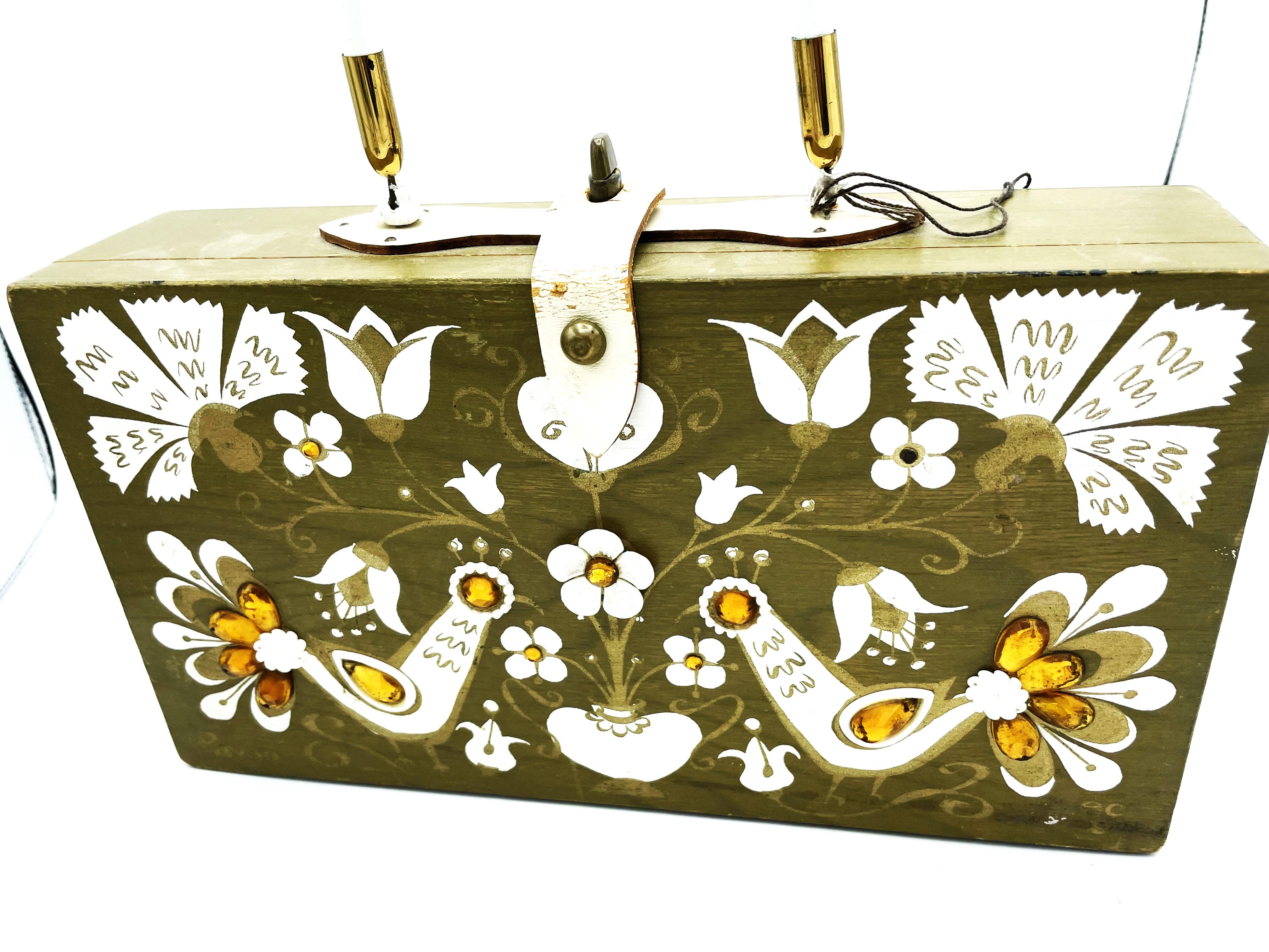 Original Box Bag by Collins of Texas made of mahagony  hand-decorated, 1966 USA For Sale 2