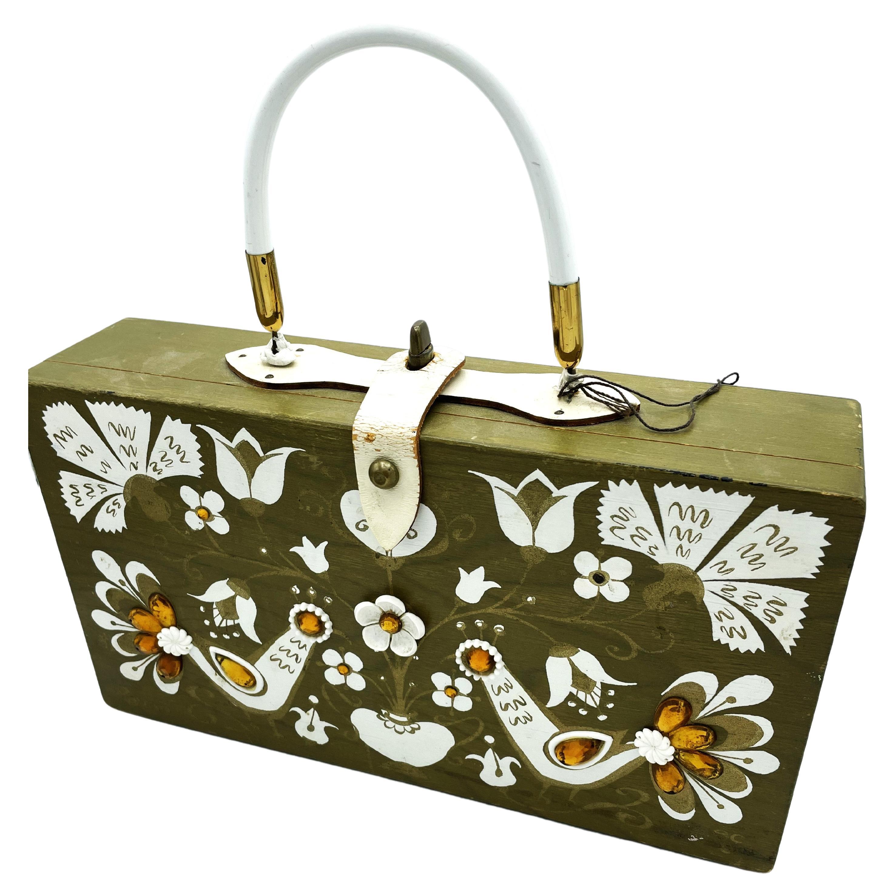 Original Box Bag by Collins of Texas made of mahagony  hand-decorated, 1966 USA 