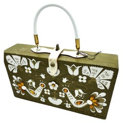 Retro Original Box Bag by Collins of Texas made of mahagony  hand-decorated, 1966 USA 