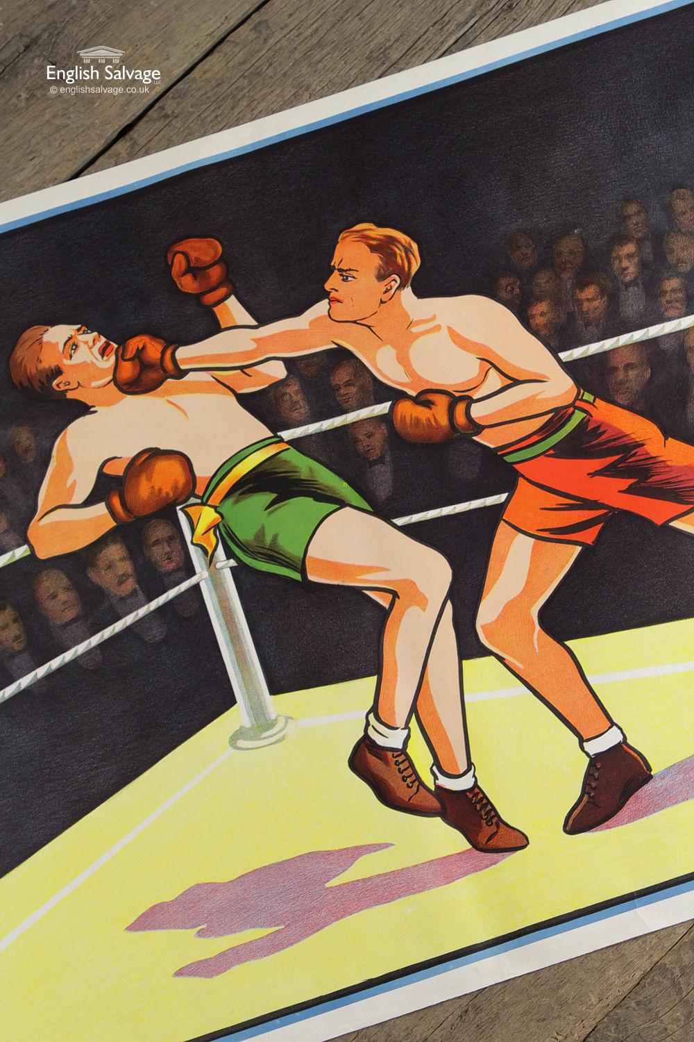 Reclaimed large brightly colored vintage boxing match print, printed by Willsons' Leicester. Framed and mounted on a wall this would make a great display piece. Similar style prints available - see last image.