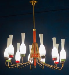 Lustre original en laiton et verre de Murano Attr. à Stilnovo Italie, années 1950