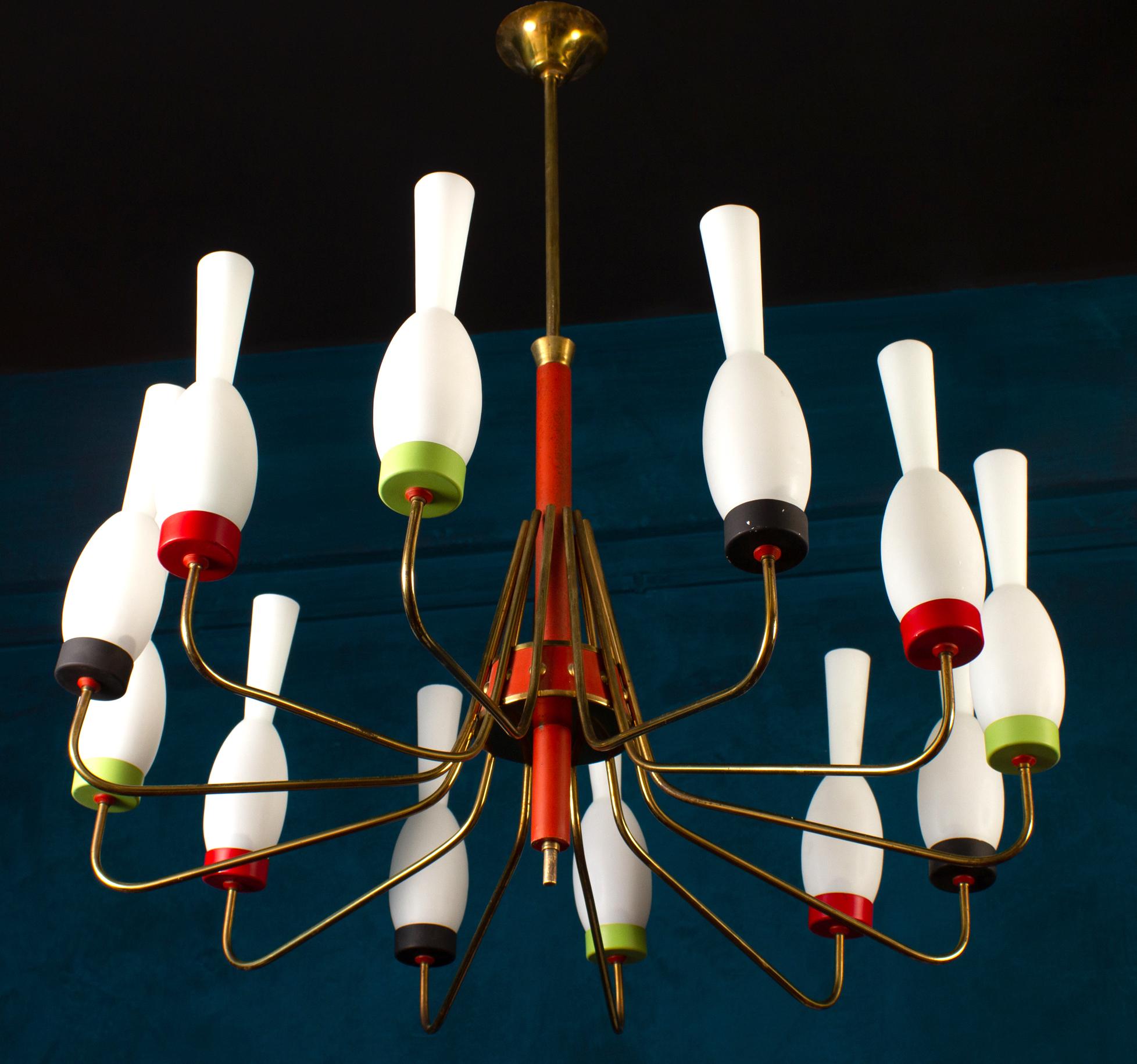 Araña original de latón y cristal de Murano atr. de Stilnovo Italia, años 50 Italiano en venta